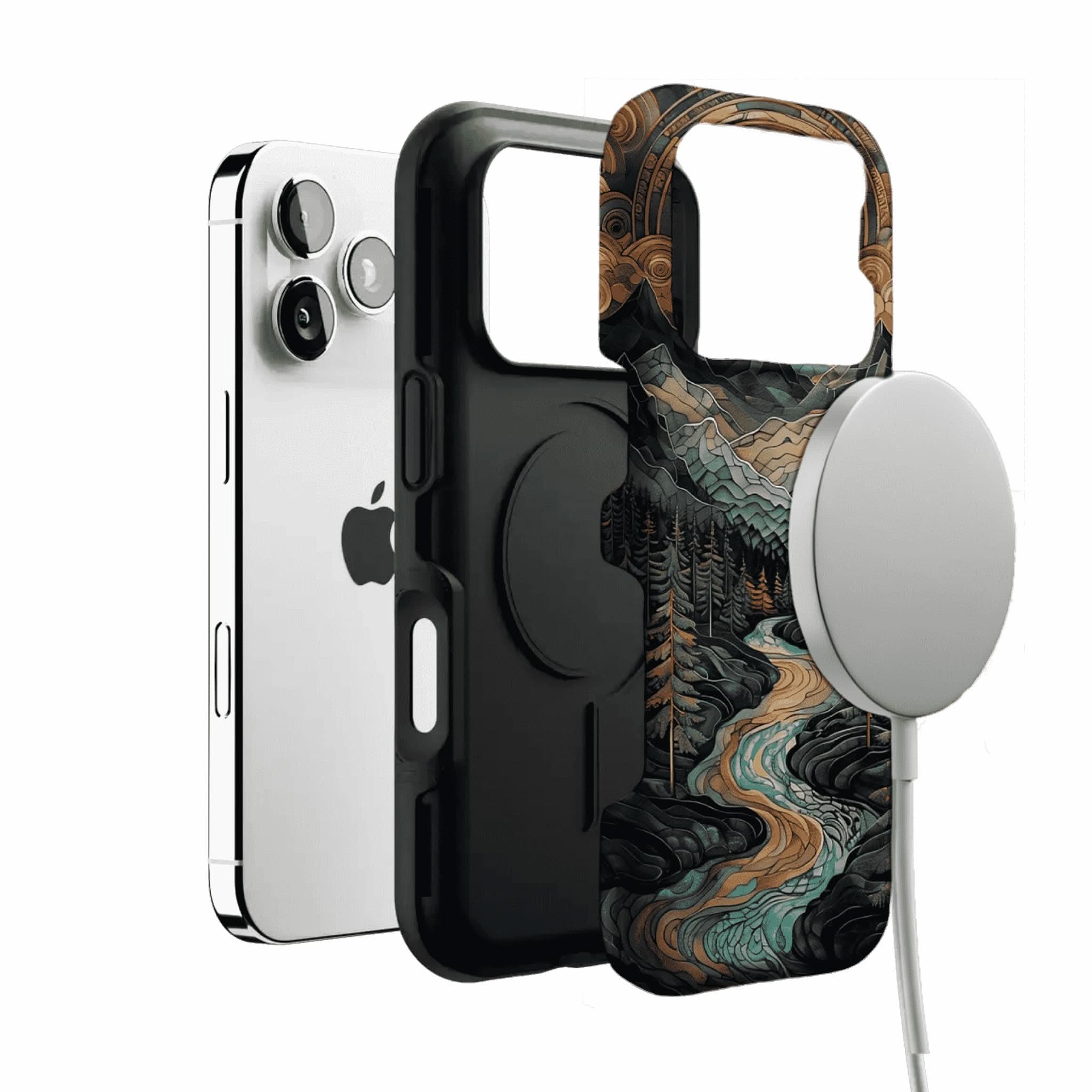 Woodcut Style Mountain Forest Anti-slip Shockproof Vintage iPhone Case