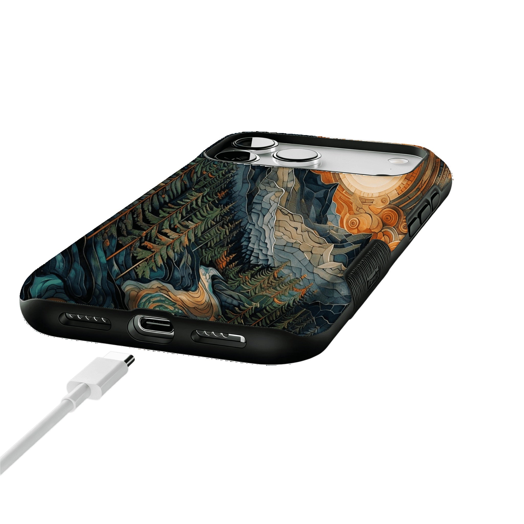 Woodcut Style Mountain Forest Anti-slip Shockproof Vintage iPhone Case