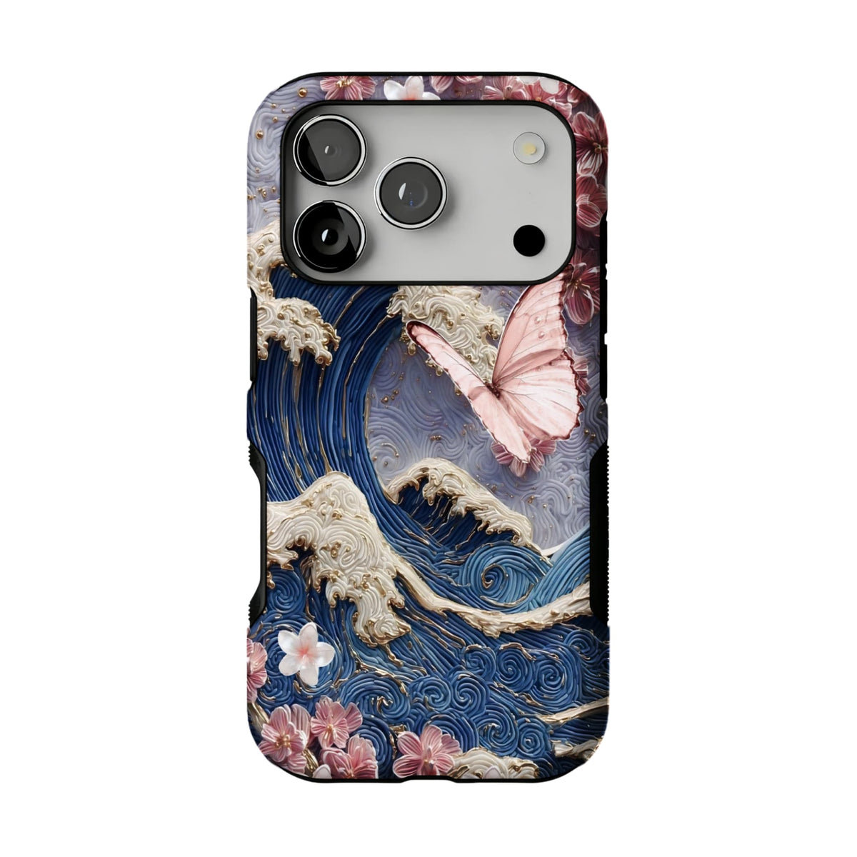 Japanese Wave Sakura 3D Embossed Phone Case | Luxury Butterfly Shockproof Cover