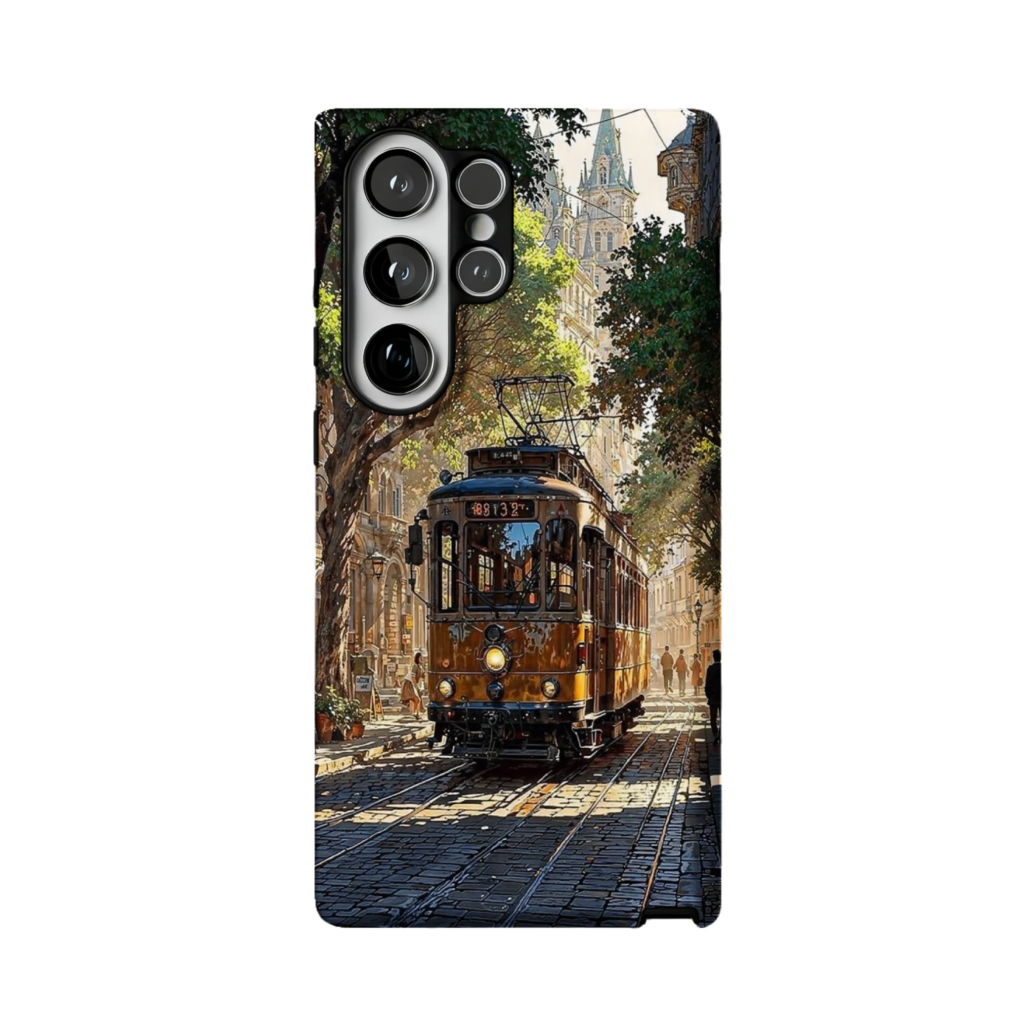 Old Town Tram Phone Case | Retro Cityscape Art Cover for Travel Lovers