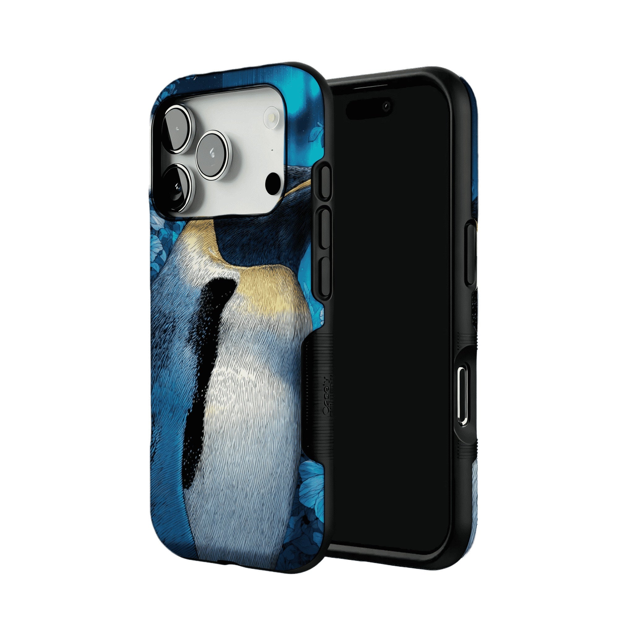 Blue Engraving King Penguin Floral Art Shockproof iPhone Case
