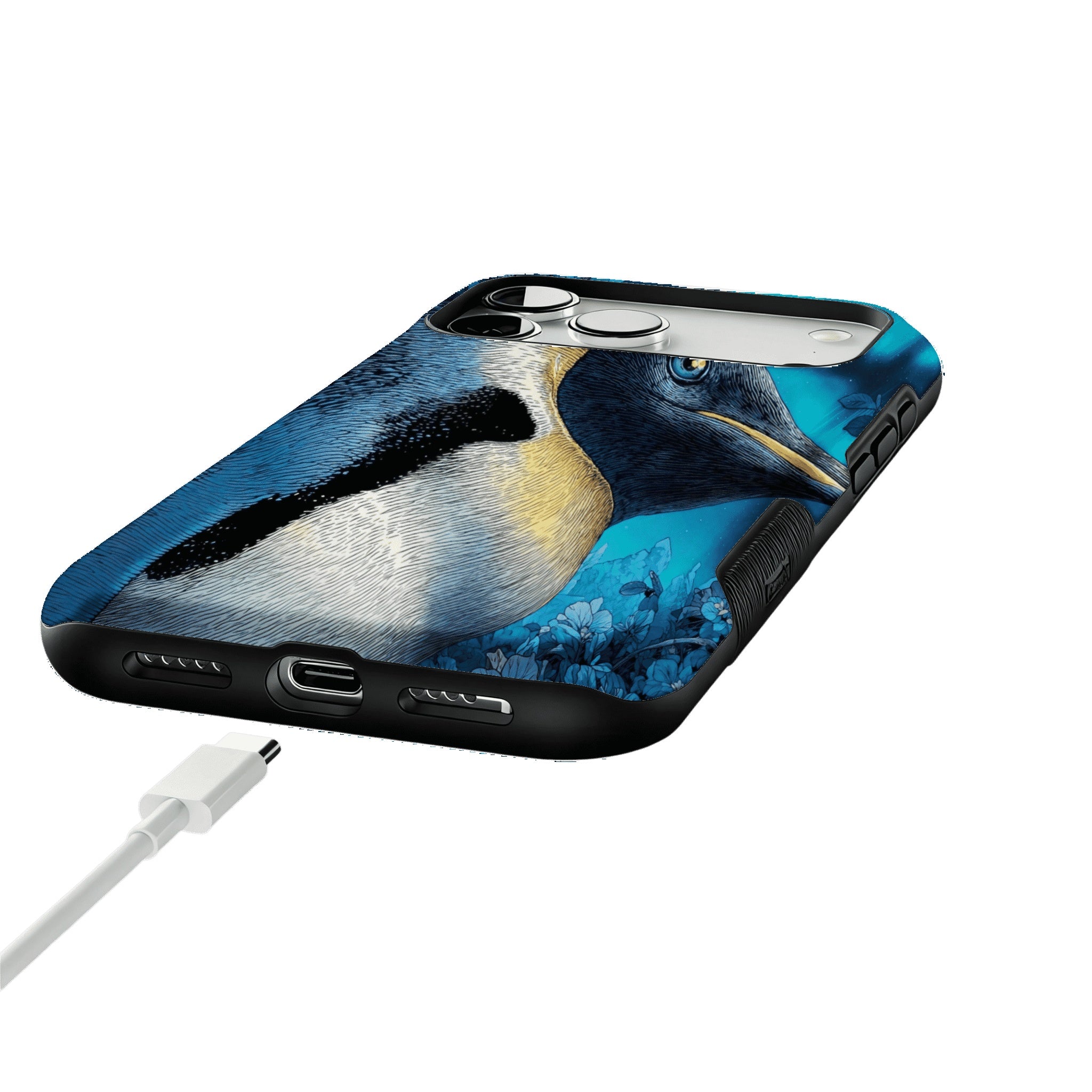 Blue Engraving King Penguin Floral Art Shockproof iPhone Case