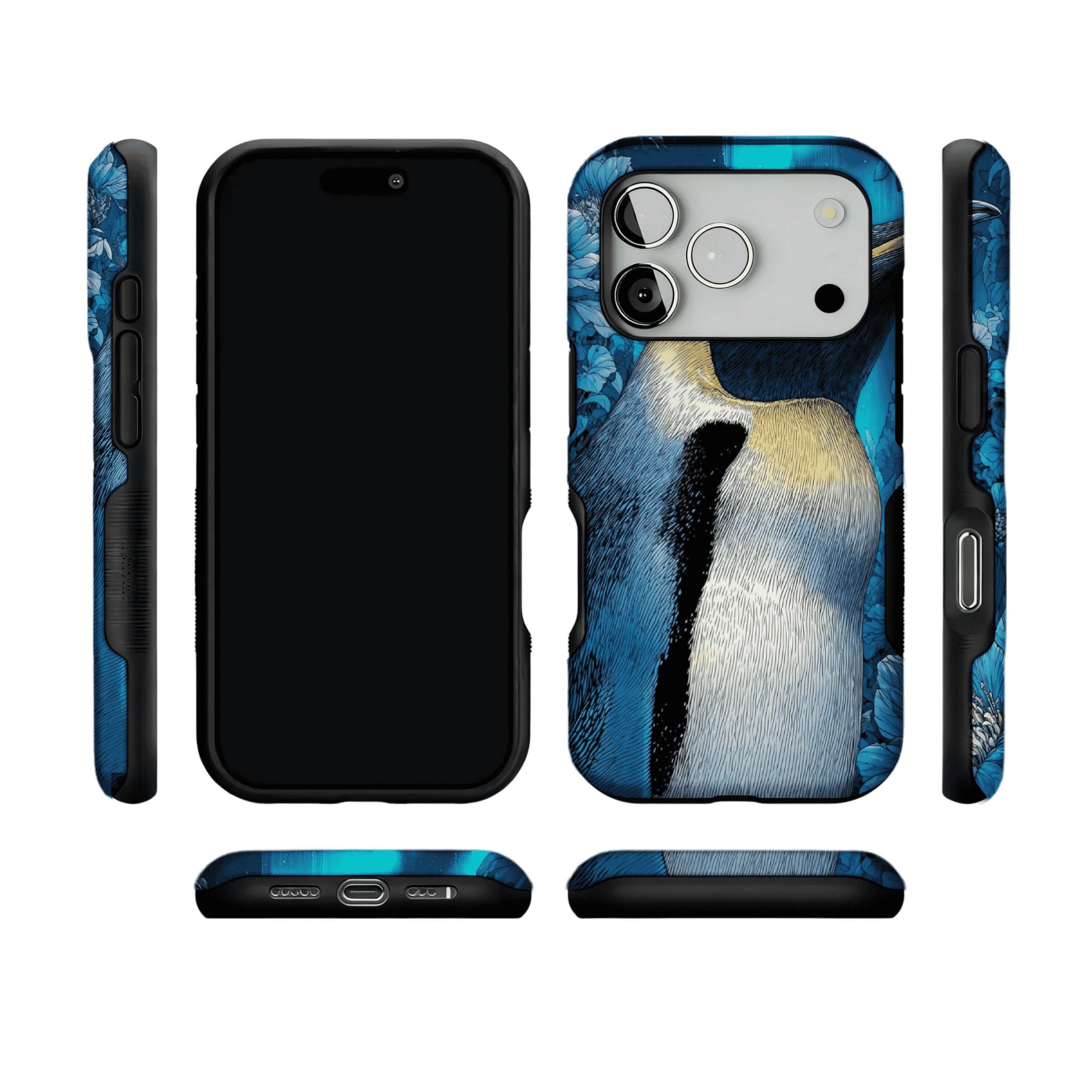 Blue Engraving King Penguin Floral Art Shockproof iPhone Case