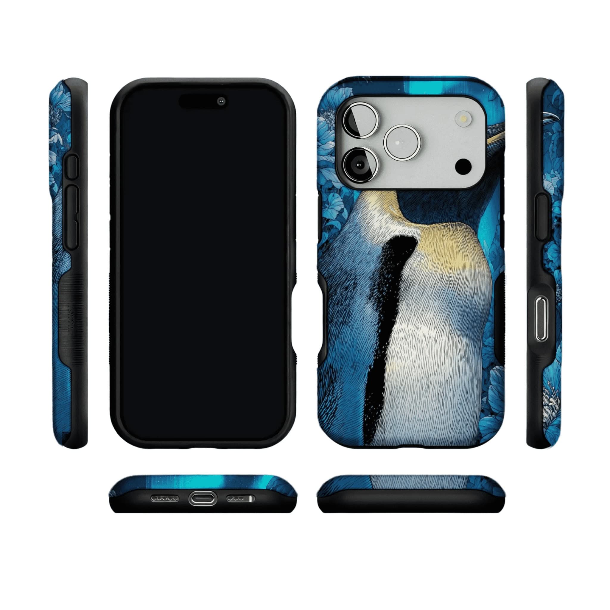 Blue Engraving King Penguin Floral Art Shockproof iPhone Case