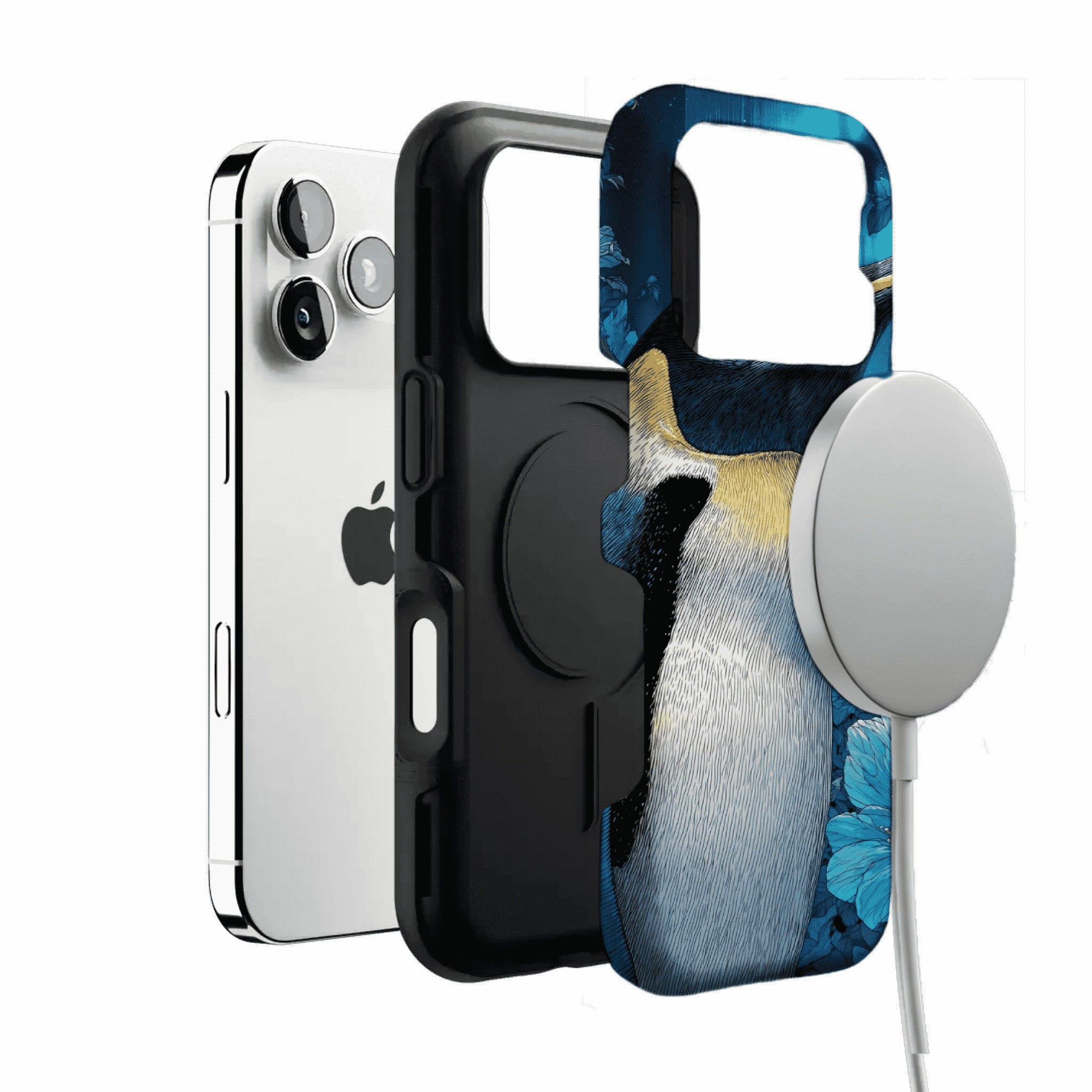 Blue Engraving King Penguin Floral Art Shockproof iPhone Case