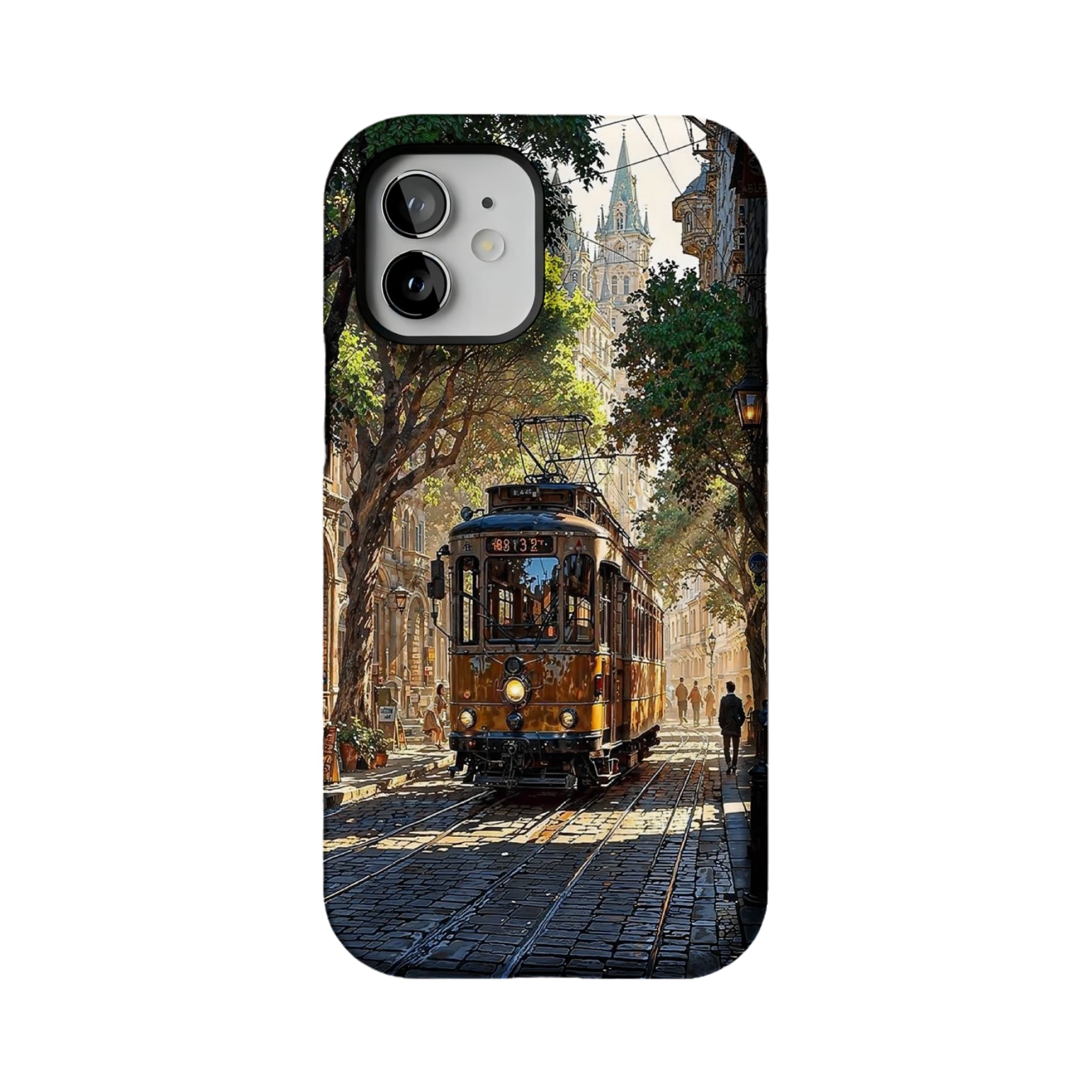 Old Town Tram Phone Case | Retro Cityscape Art Cover for Travel Lovers