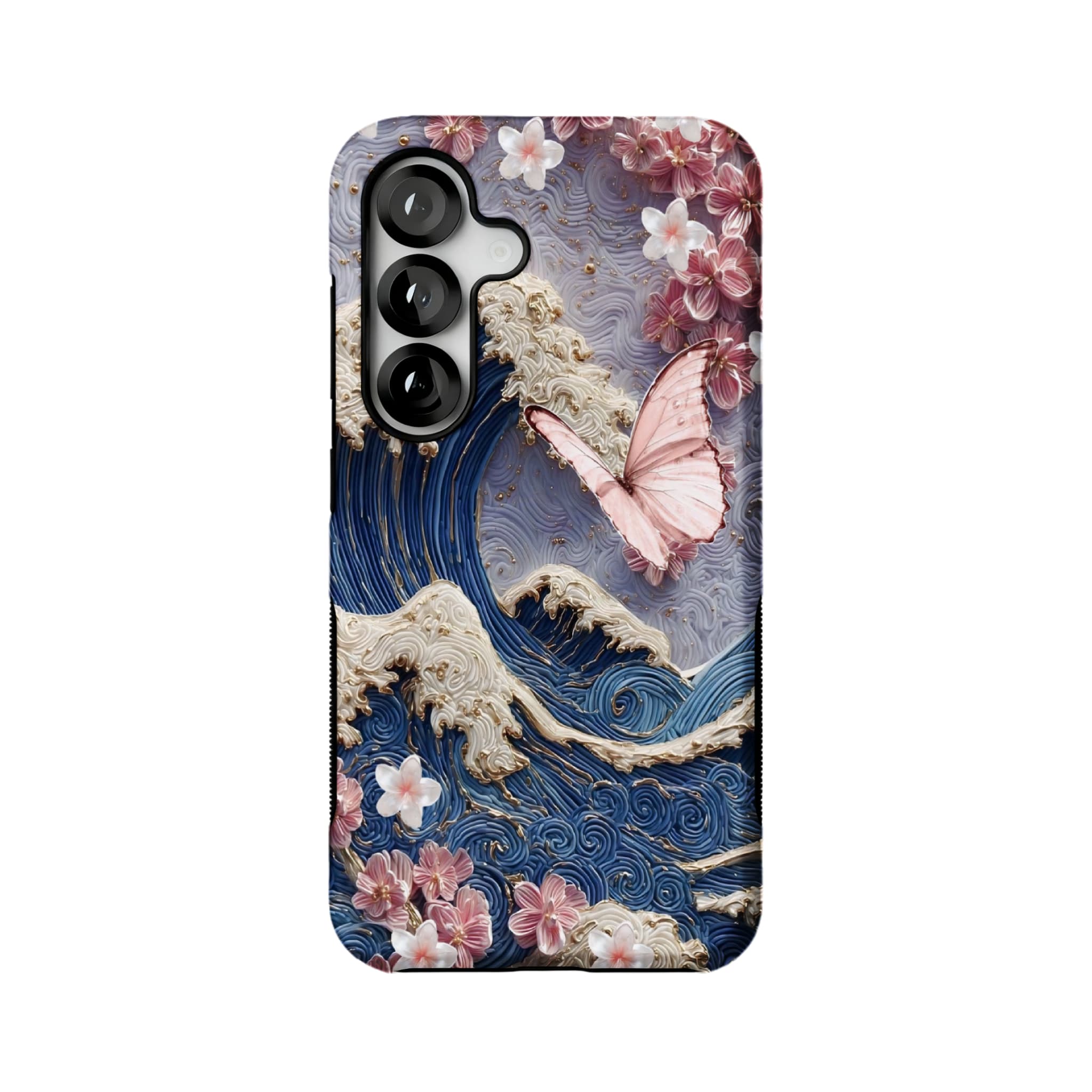 Japanese Wave Sakura 3D Embossed Phone Case | Luxury Butterfly Shockproof Cover