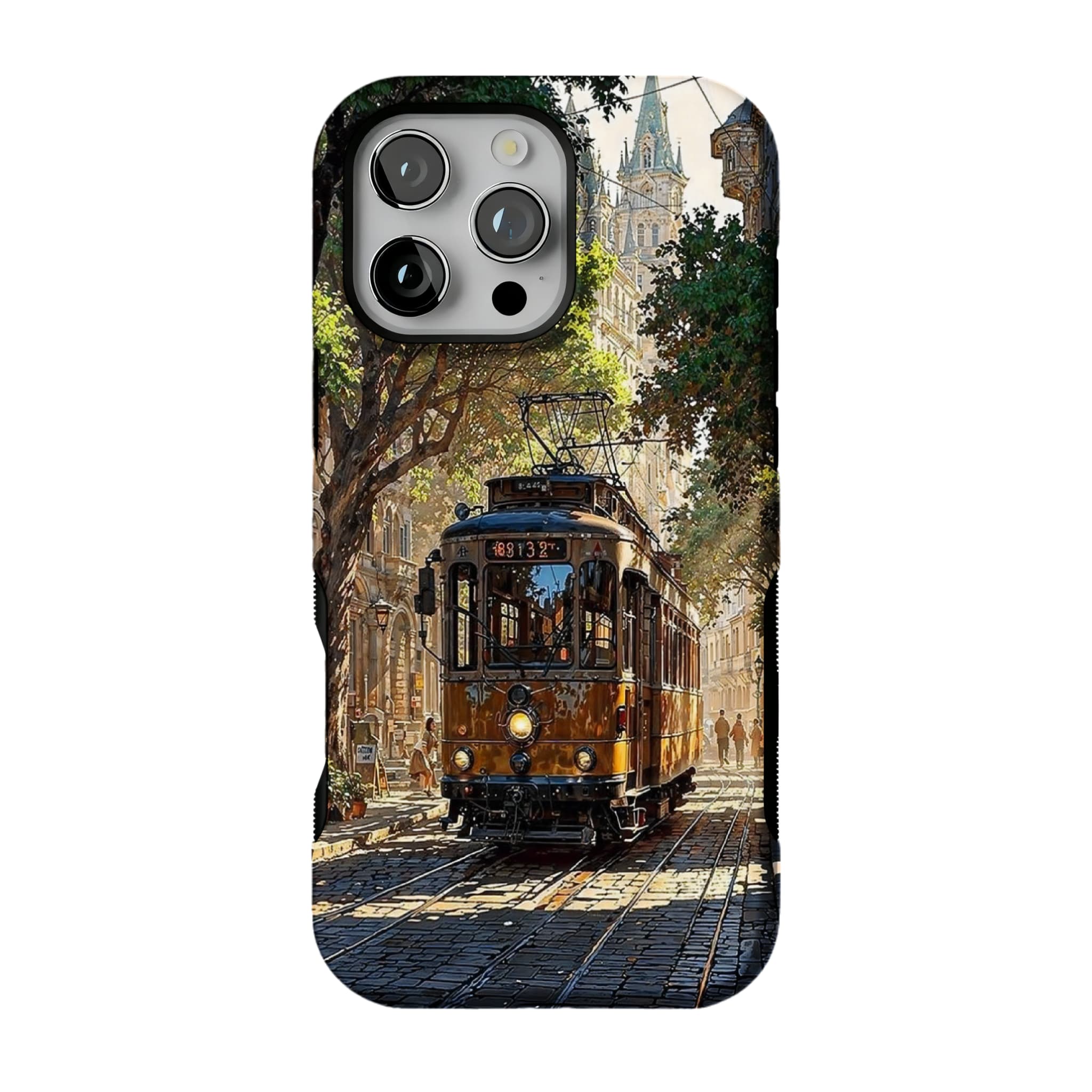Old Town Tram Phone Case | Retro Cityscape Art Cover for Travel Lovers