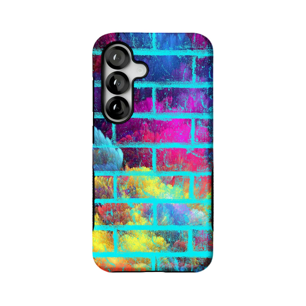 neon rainbow brick wall MagSafe Samsung Galaxy phone case, straight-on back view