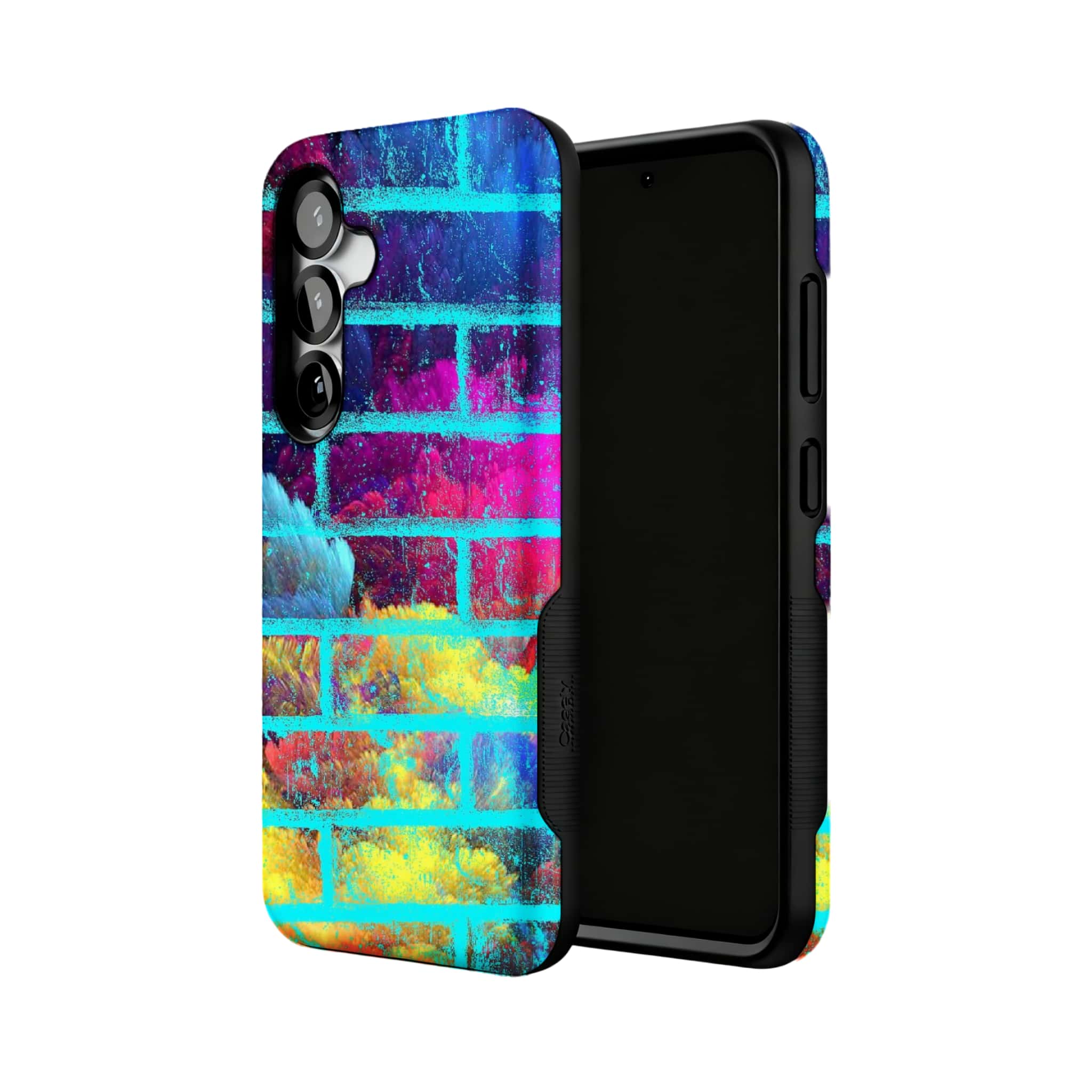 neon rainbow brick wall MagSafe Samsung Galaxy phone case, angled product view