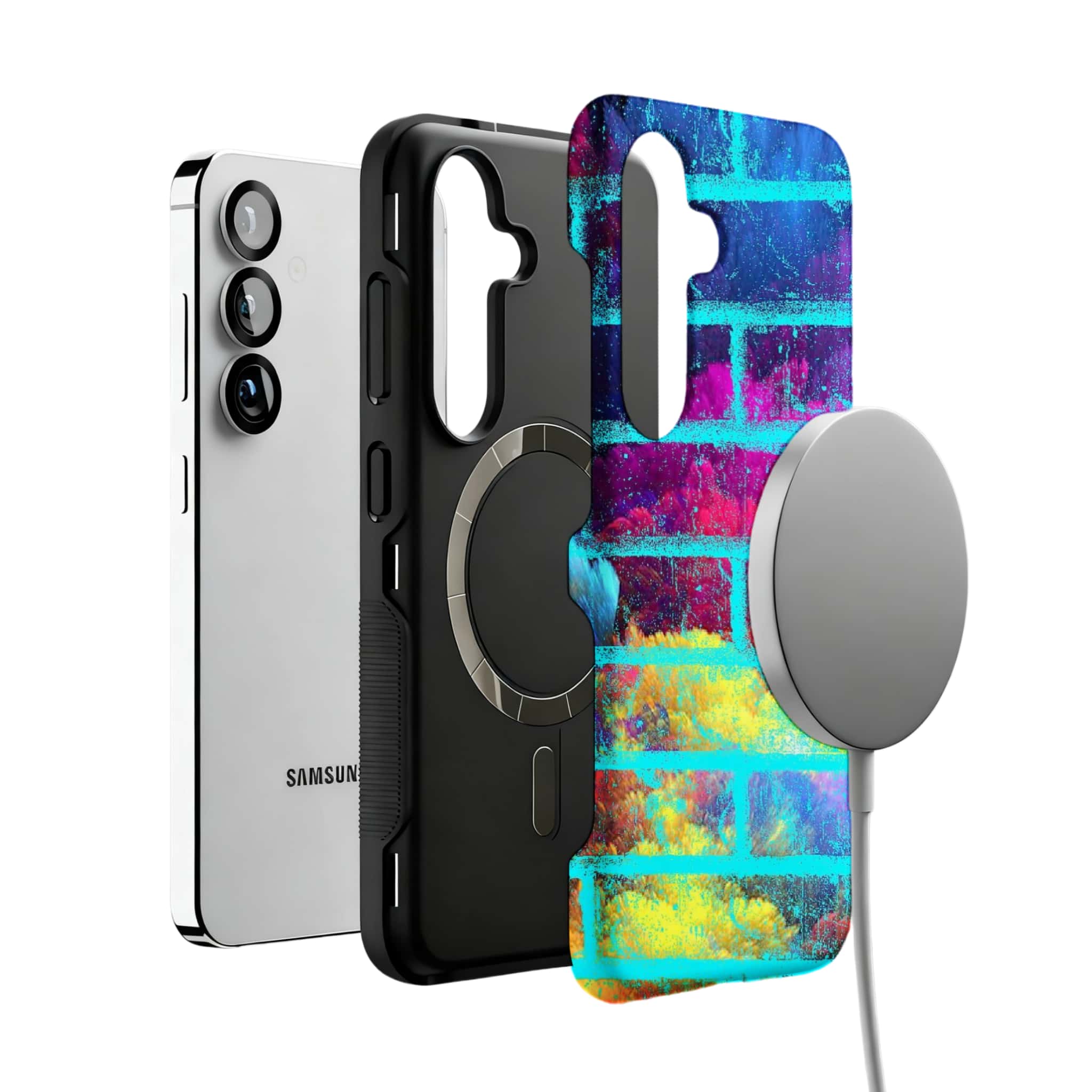 neon rainbow brick wall MagSafe Samsung Galaxy phone case, magnetic layer view