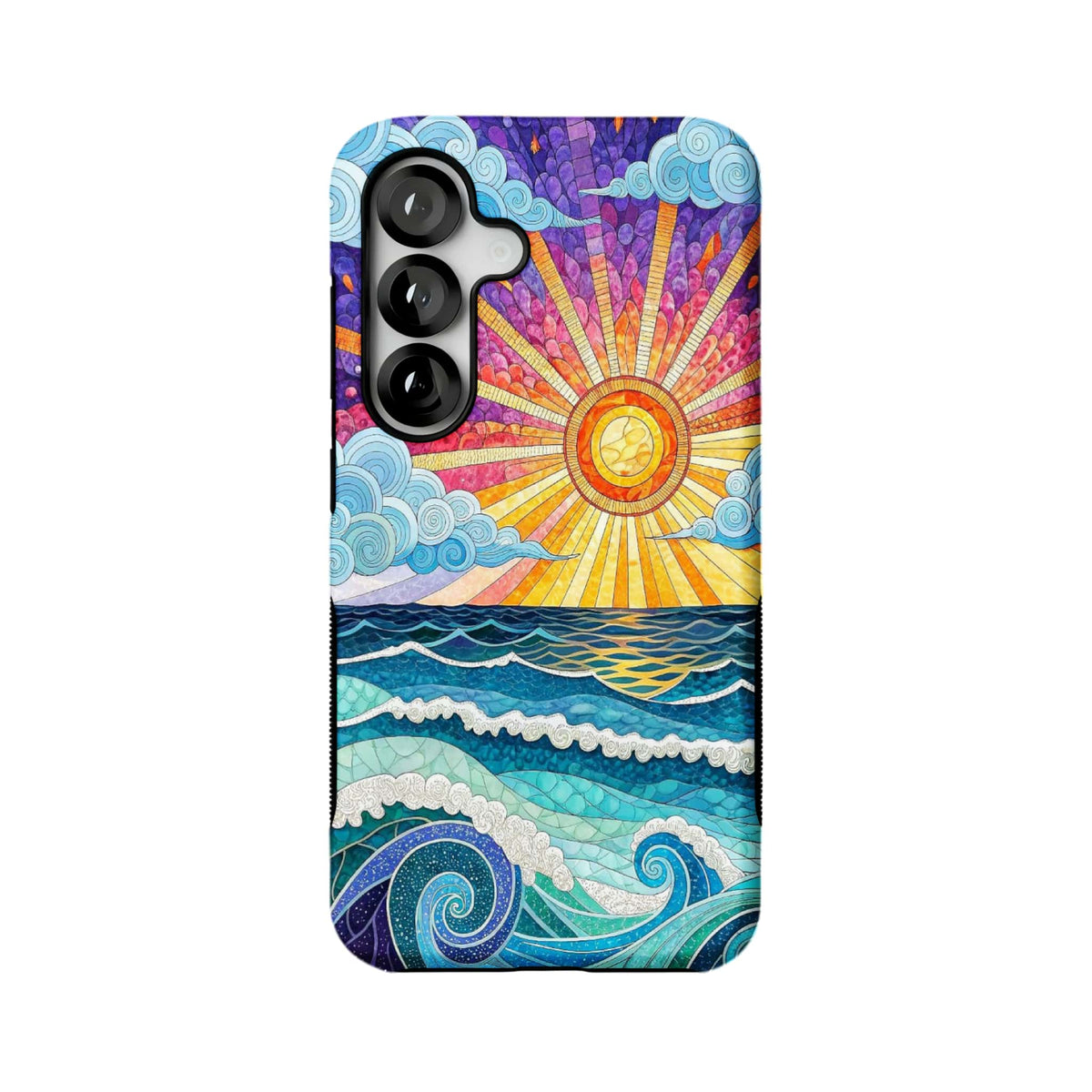 psychedelic sunrise ocean MagSafe Samsung Galaxy phone case, straight-on back view