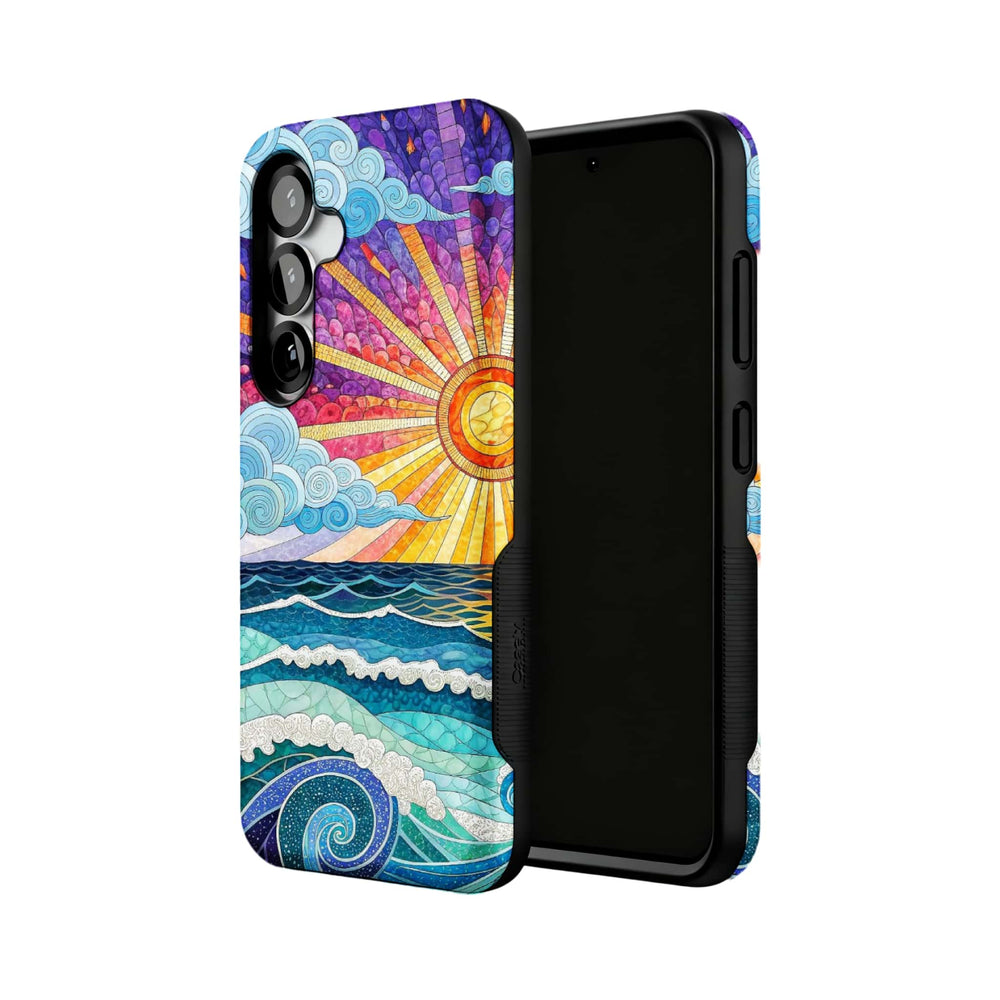 psychedelic sunrise ocean MagSafe Samsung Galaxy phone case, angled product view