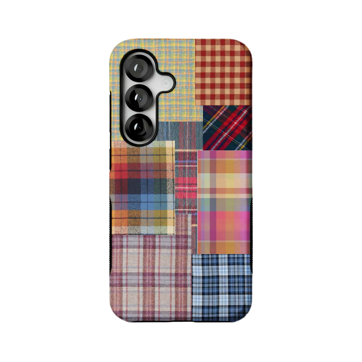 colorful patchwork plaid MagSafe Samsung Galaxy phone case, straight-on back view