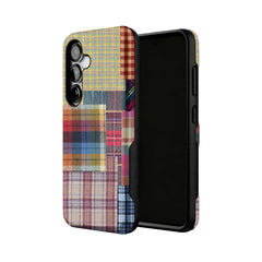 colorful patchwork plaid MagSafe Samsung Galaxy phone case, angled product view