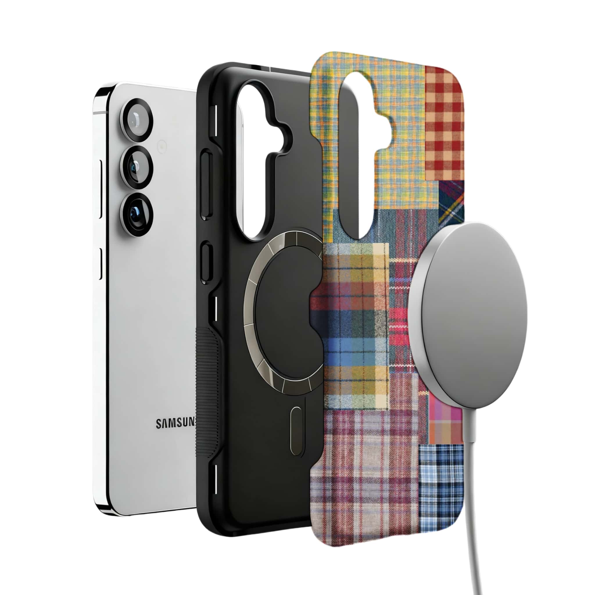 colorful patchwork plaid MagSafe Samsung Galaxy phone case, magnetic layer view