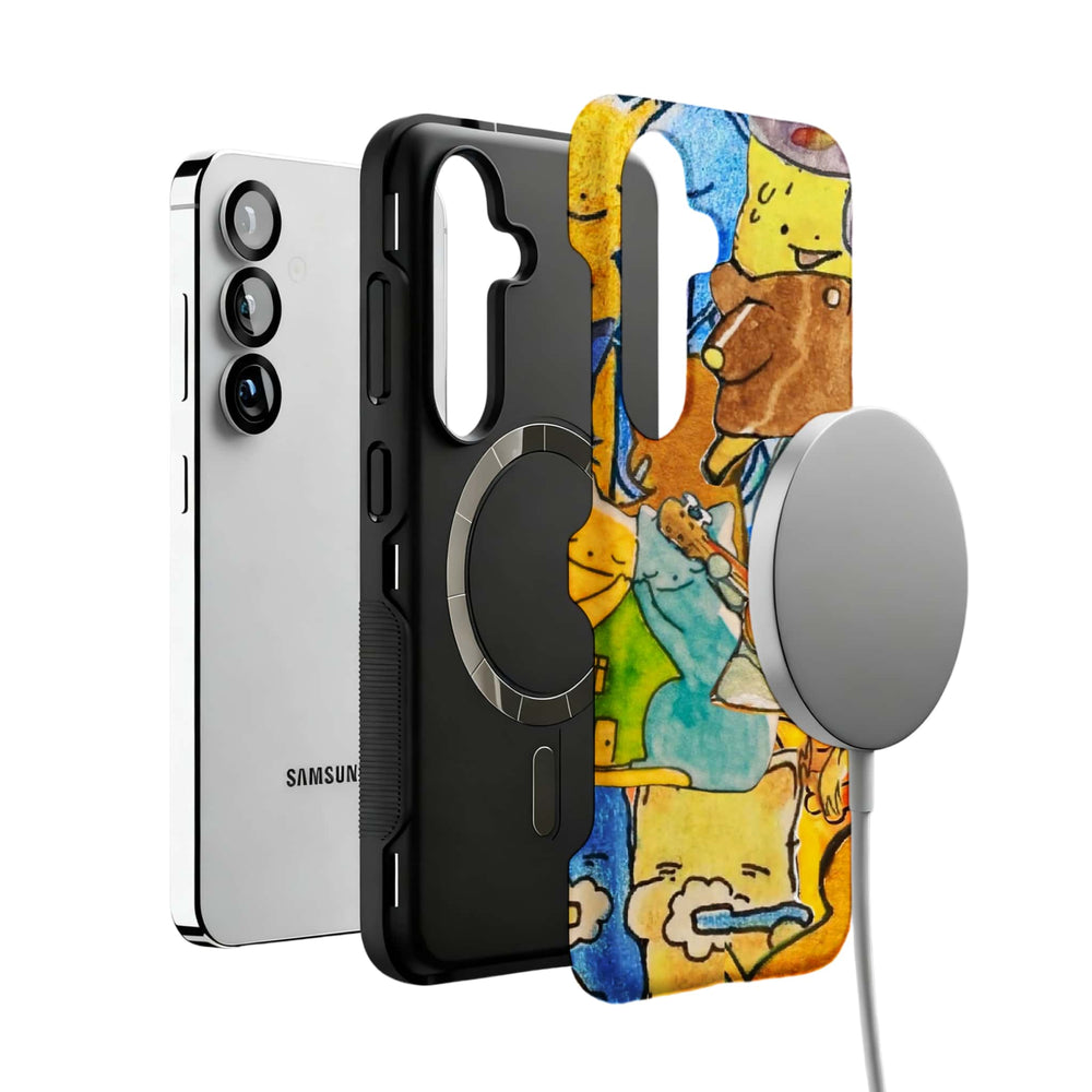playful cat doodle collage MagSafe Samsung Galaxy phone case, magnetic layer view