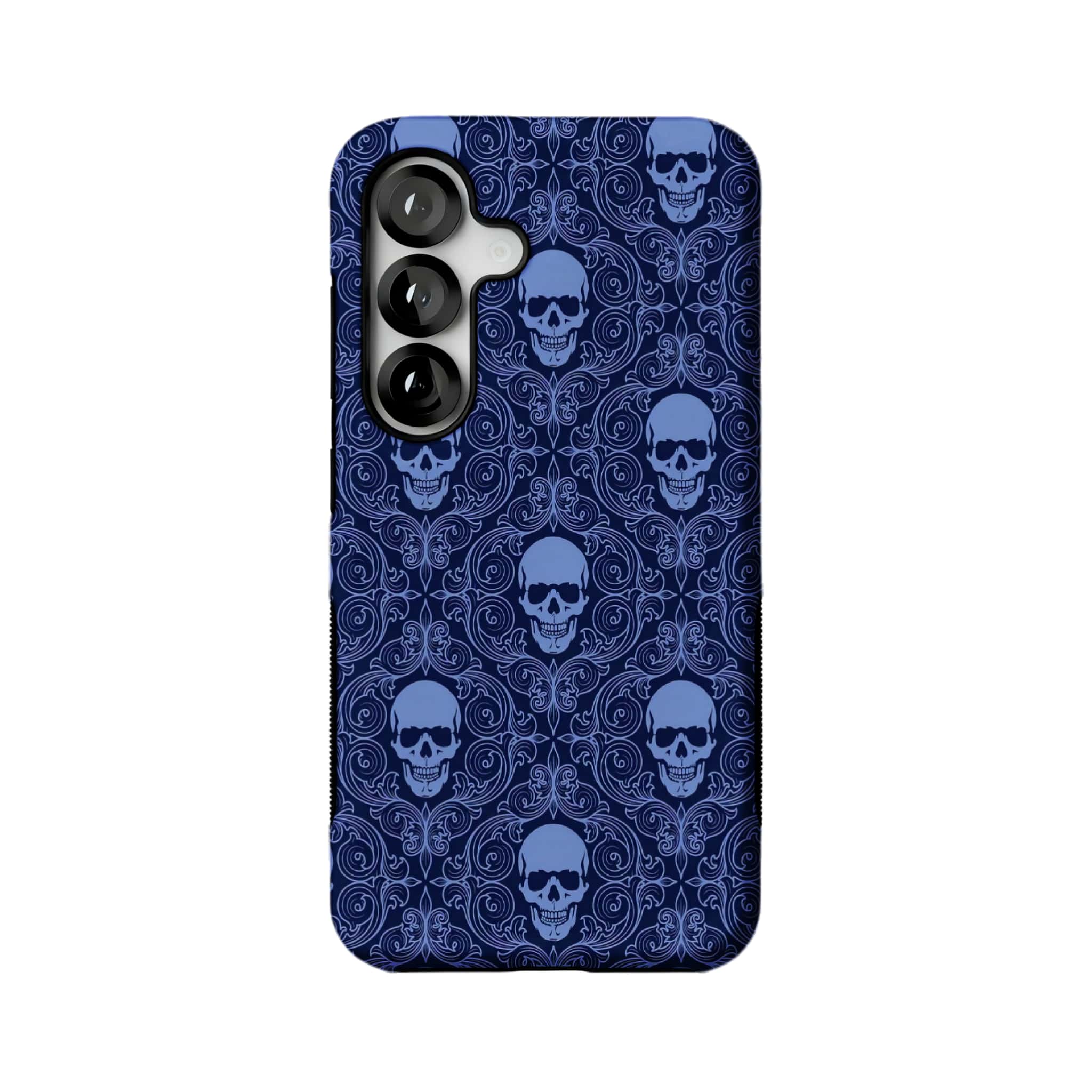 navy gothic skull damask MagSafe Samsung Galaxy phone case, straight-on back view