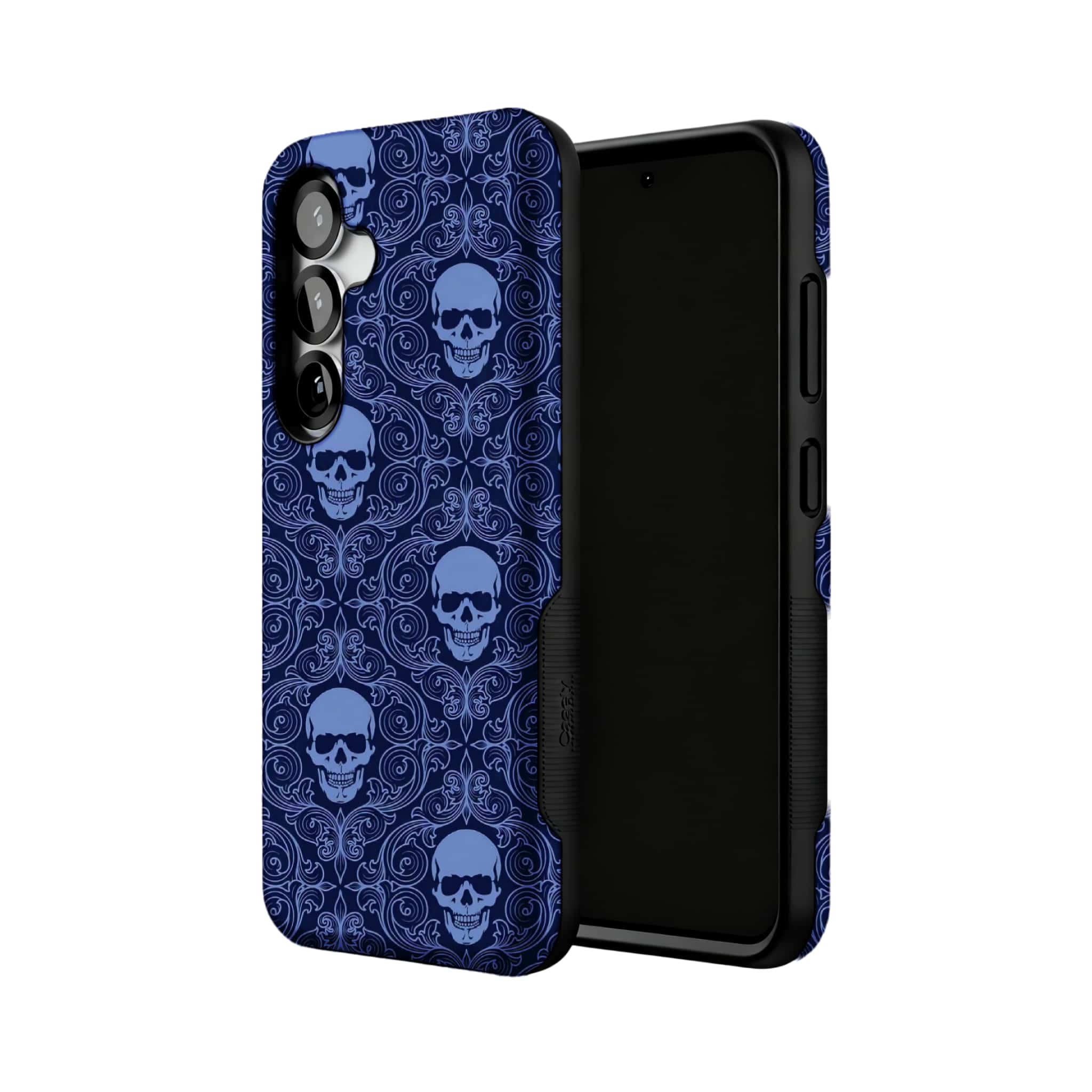 navy gothic skull damask MagSafe Samsung Galaxy phone case, angled product view