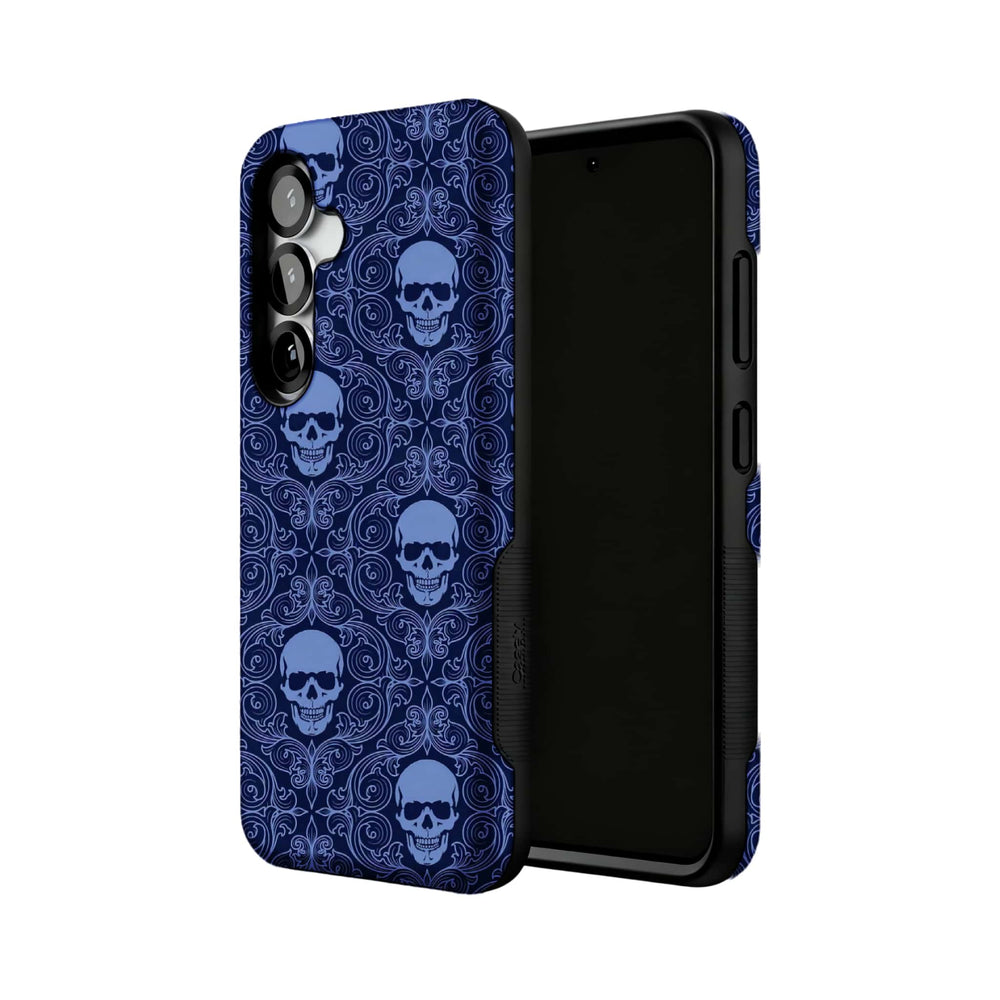 navy gothic skull damask MagSafe Samsung Galaxy phone case, angled product view