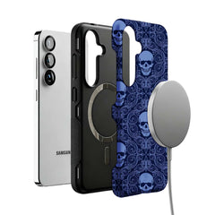 navy gothic skull damask MagSafe Samsung Galaxy phone case, magnetic layer view