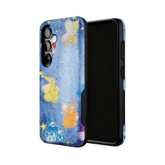 starry harlequin watercolor MagSafe Samsung Galaxy phone case, angled product view