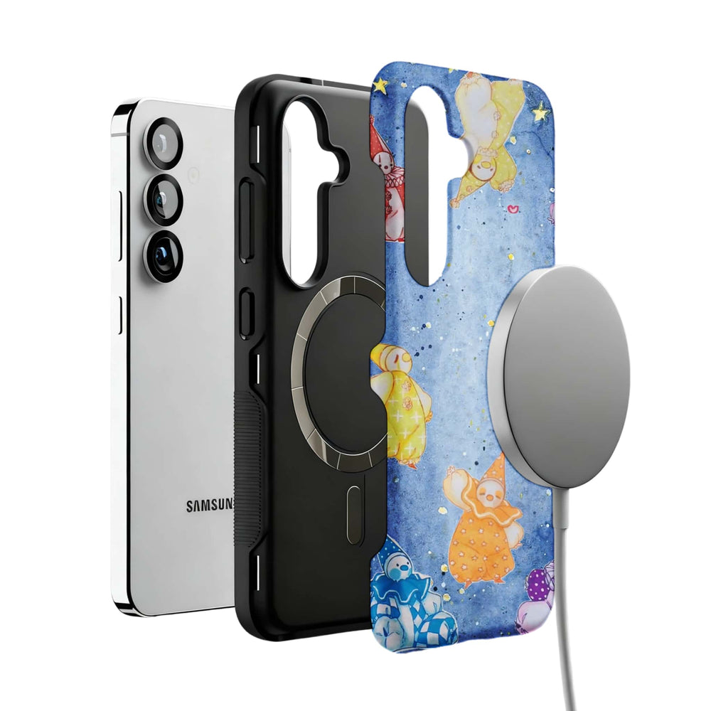 starry harlequin watercolor MagSafe Samsung Galaxy phone case, magnetic layer view