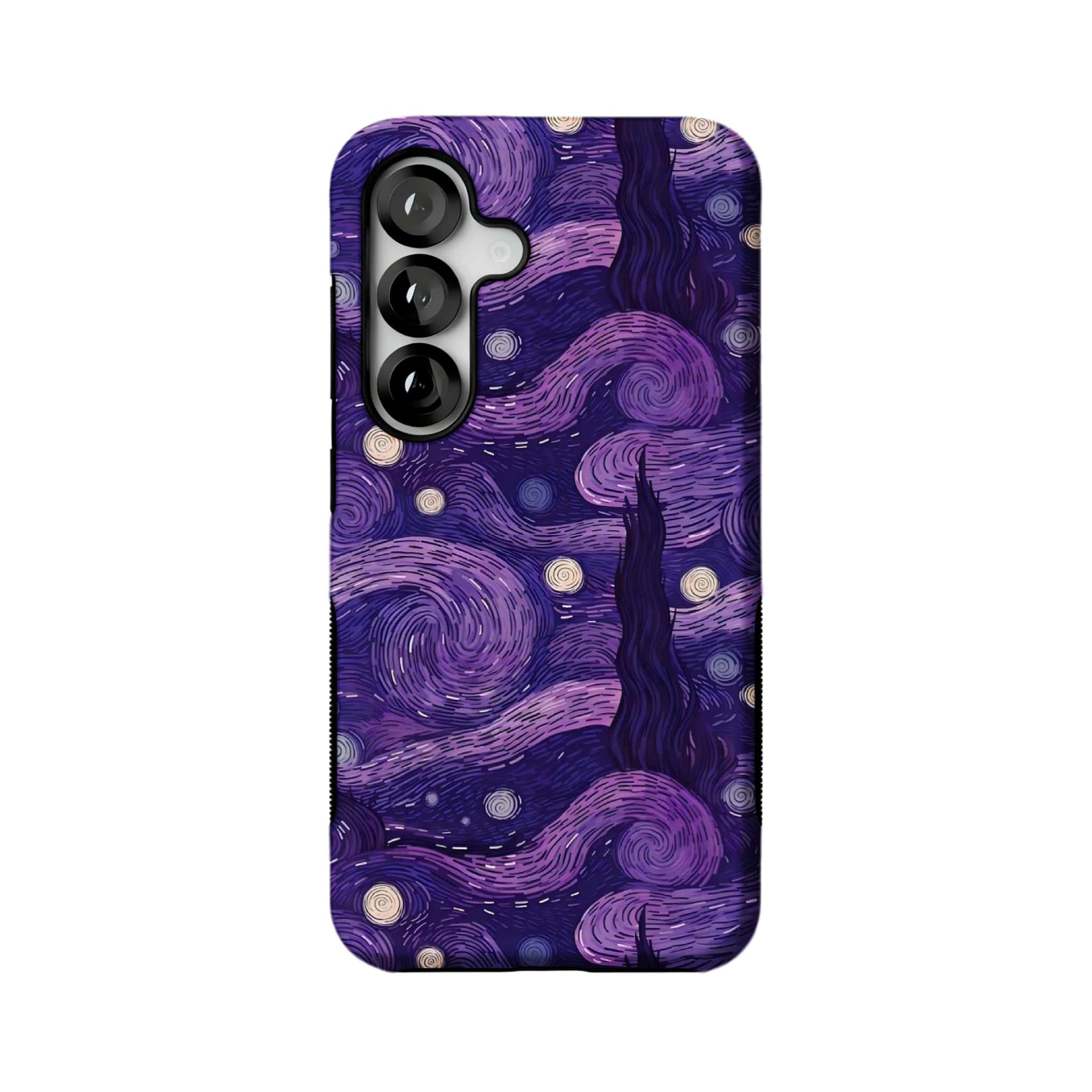 purple starry night swirl MagSafe Samsung Galaxy phone case, straight-on back view