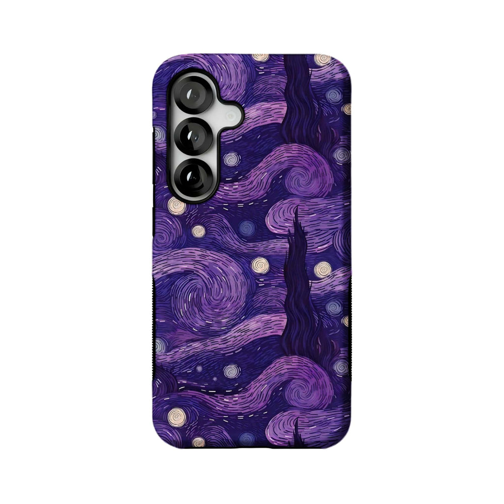 purple starry night swirl MagSafe Samsung Galaxy phone case, straight-on back view