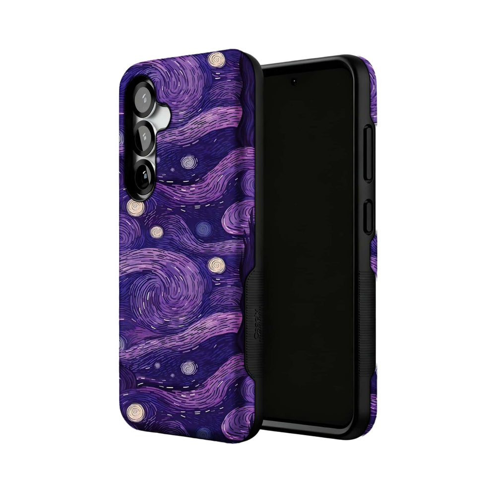 purple starry night swirl MagSafe Samsung Galaxy phone case, angled product view