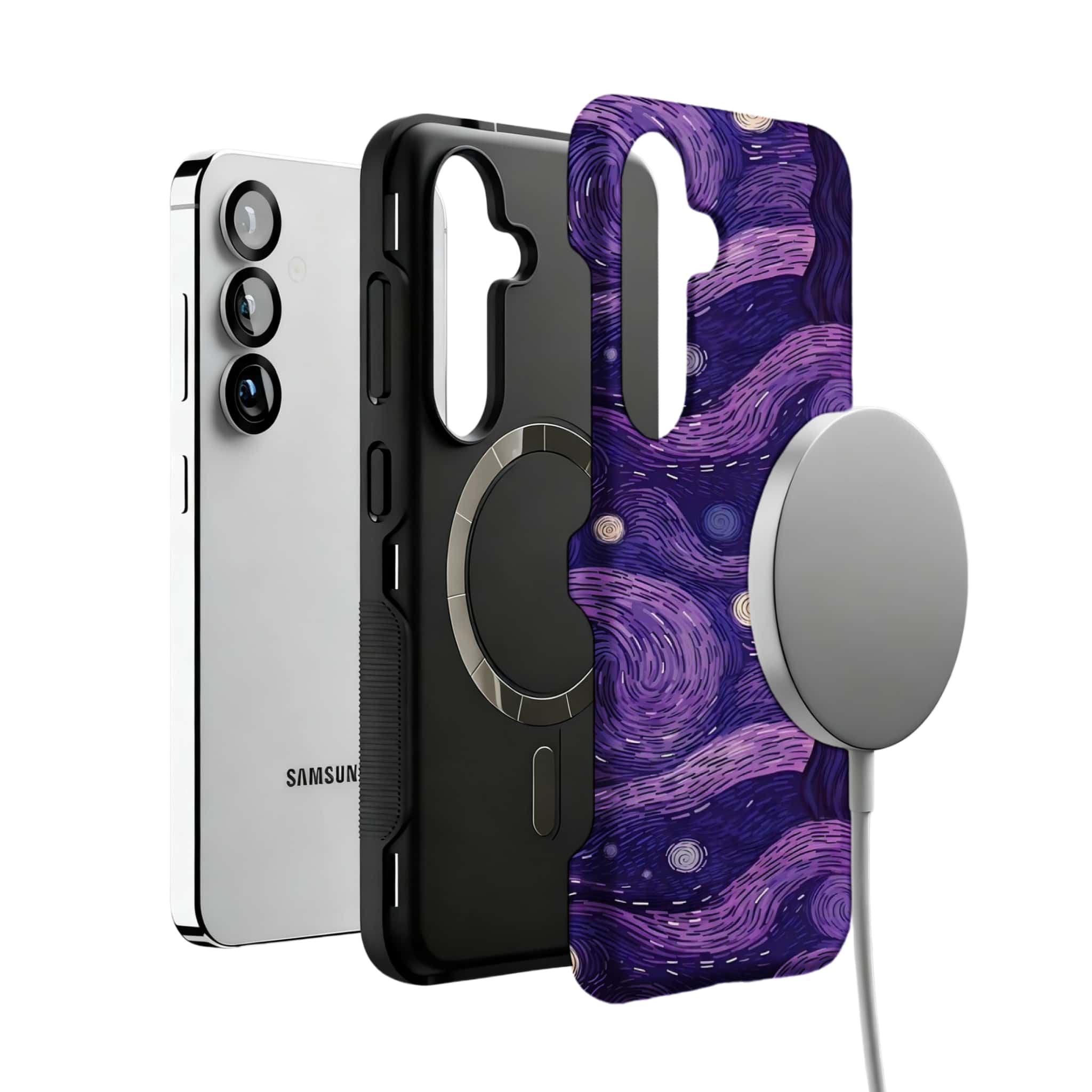 purple starry night swirl MagSafe Samsung Galaxy phone case, magnetic layer view