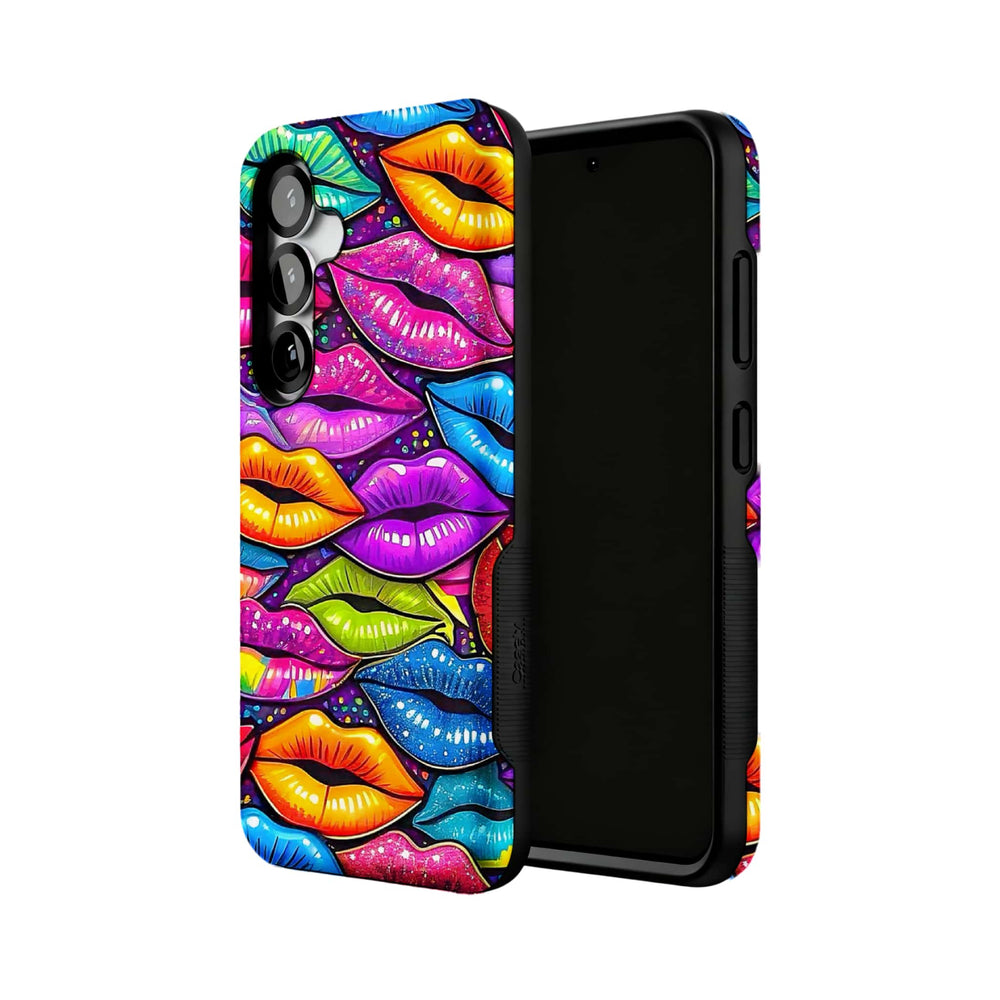 neon pop art lips MagSafe Samsung Galaxy phone case, angled product view
