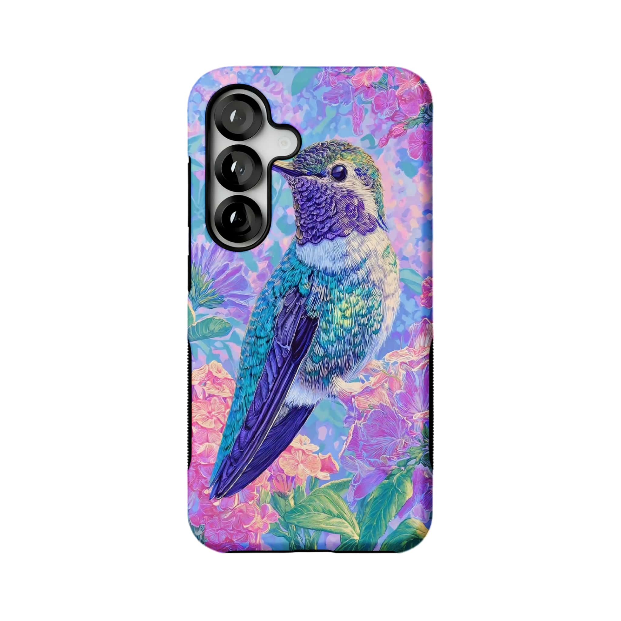 pastel hummingbird floral MagSafe Samsung Galaxy phone case, straight-on back view