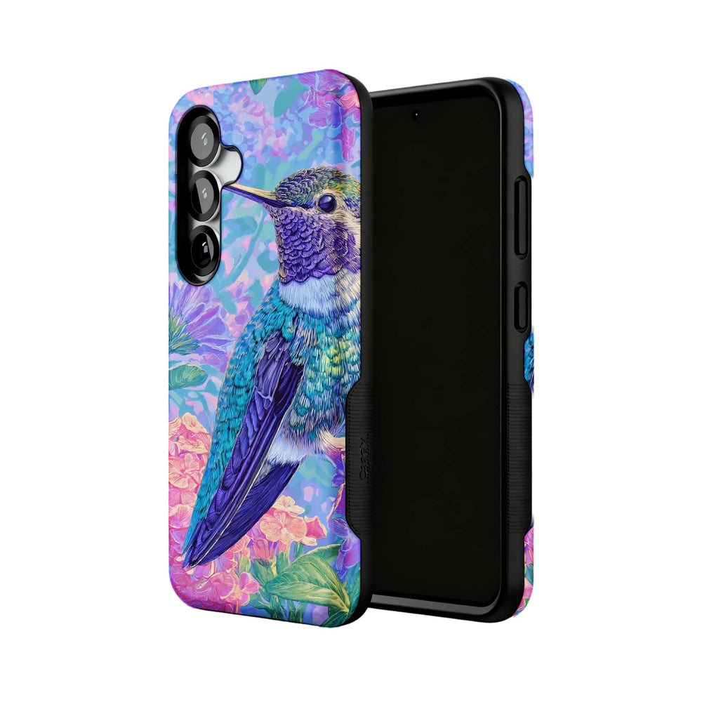 pastel hummingbird floral MagSafe Samsung Galaxy phone case, angled product view