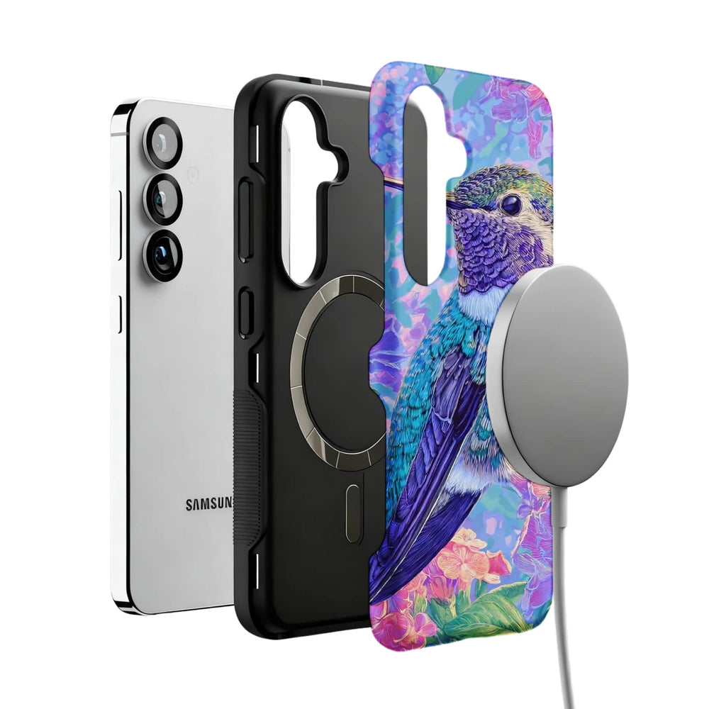 pastel hummingbird floral MagSafe Samsung Galaxy phone case, magnetic layer view