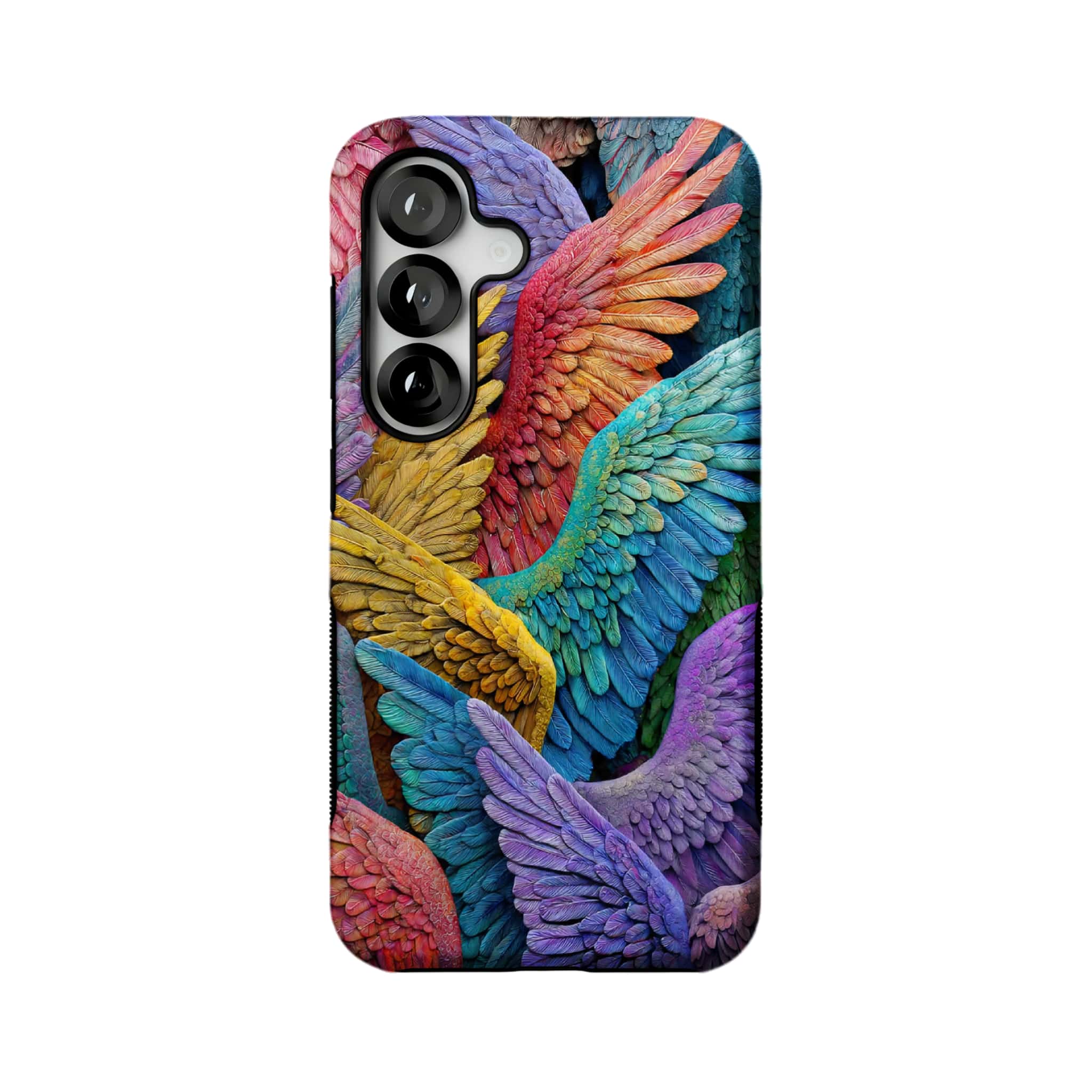 rainbow angel wings MagSafe Samsung Galaxy phone case, straight-on back view