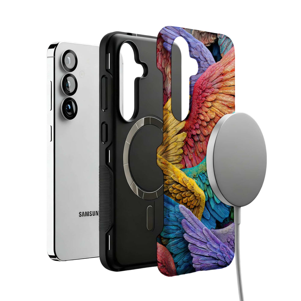 rainbow angel wings MagSafe Samsung Galaxy phone case, magnetic layer view