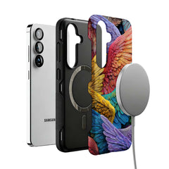 rainbow angel wings MagSafe Samsung Galaxy phone case, magnetic layer view