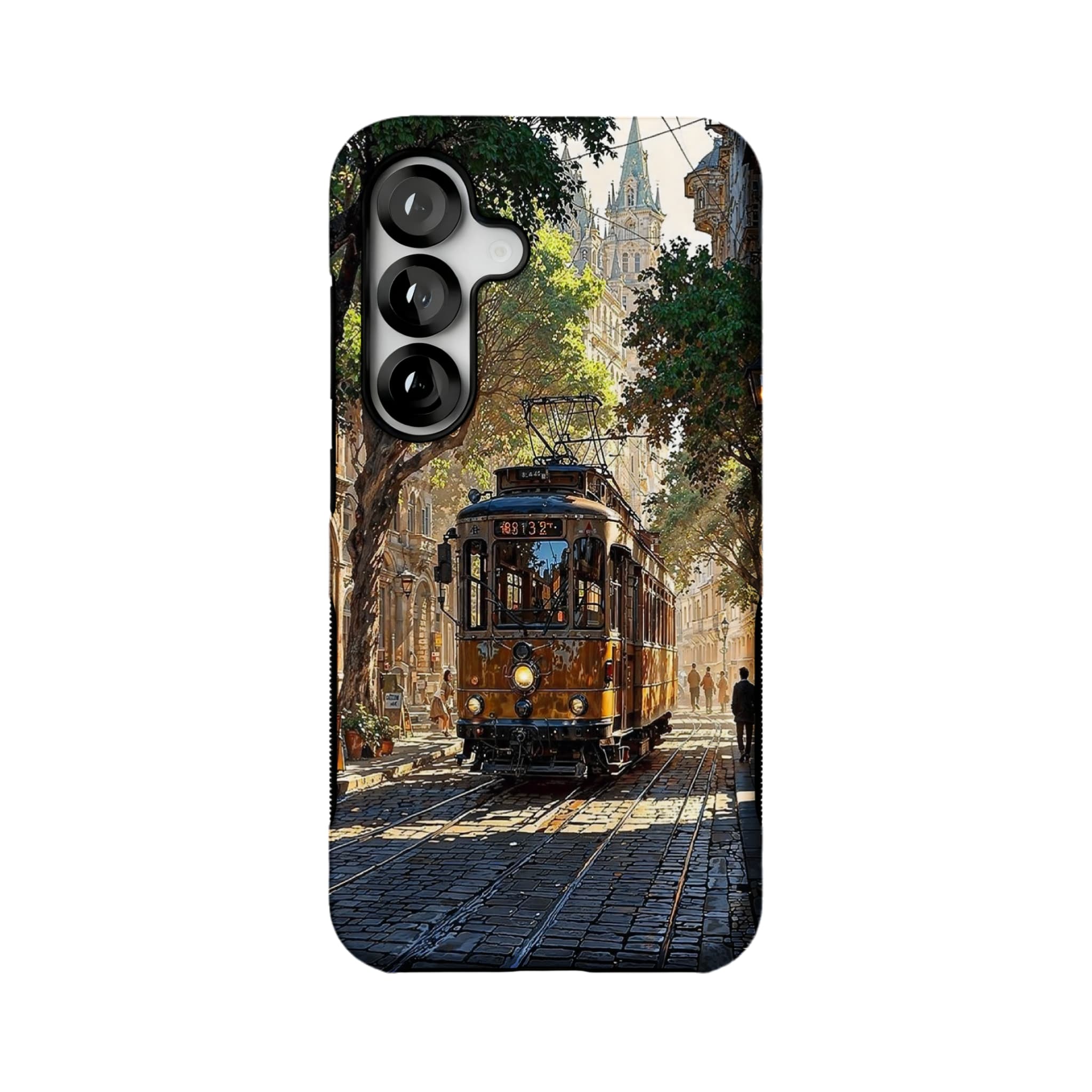 Old Town Tram Phone Case | Retro Cityscape Art Cover for Travel Lovers