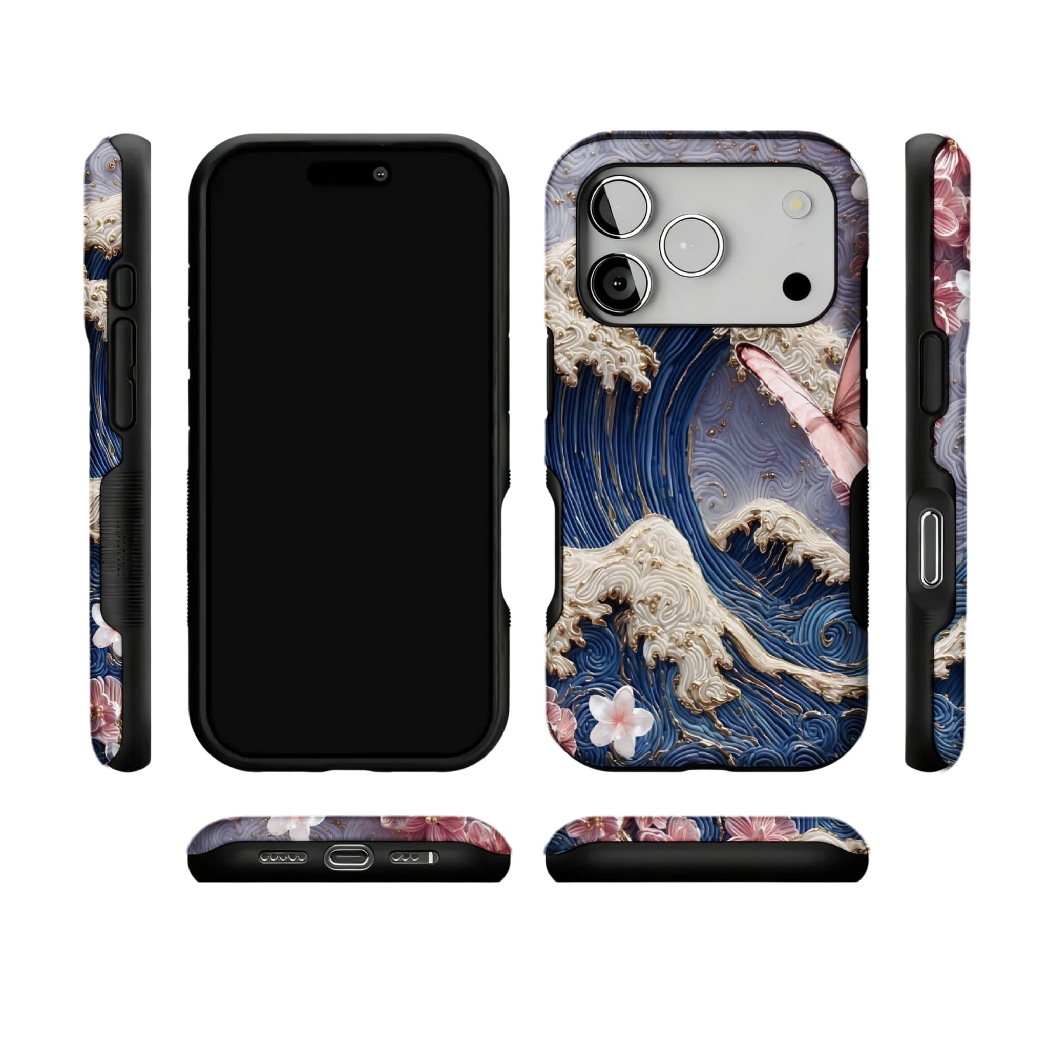 Japanese Wave Sakura 3D Embossed Phone Case | Luxury Butterfly Shockproof Cover