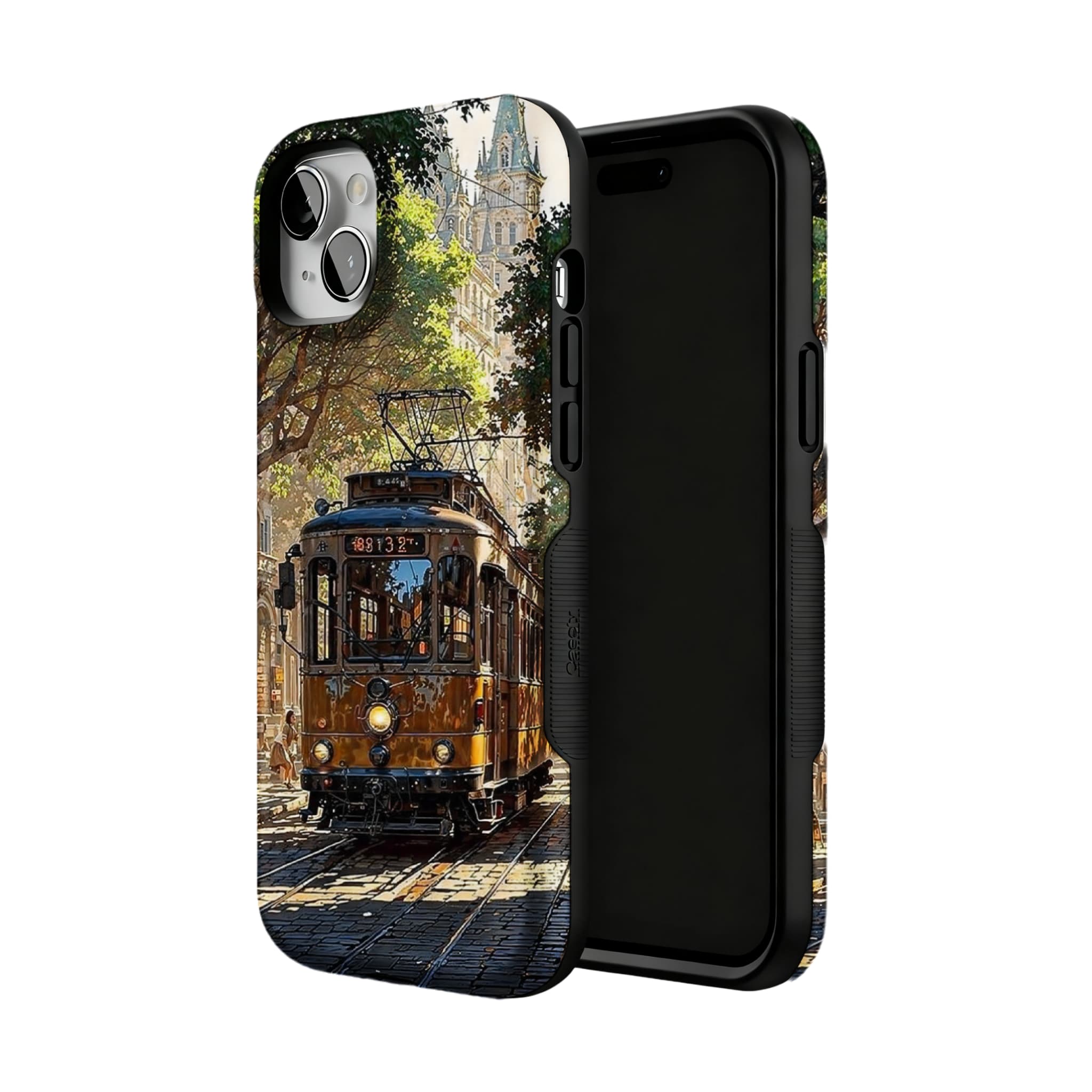 Old Town Tram Phone Case | Retro Cityscape Art Cover for Travel Lovers