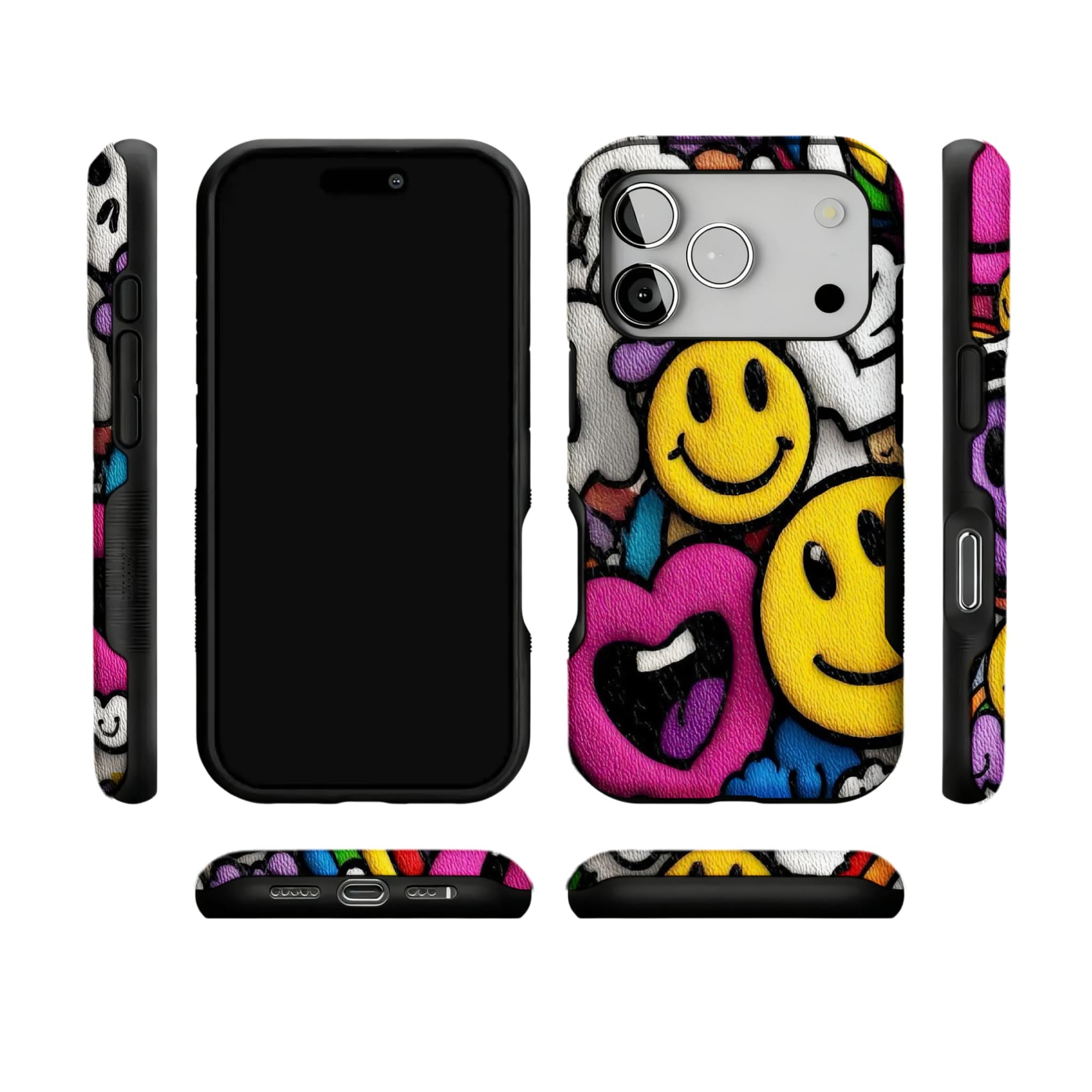 Y2K Smiley Graffiti Phone Case, Dopamine Cover for iPhone