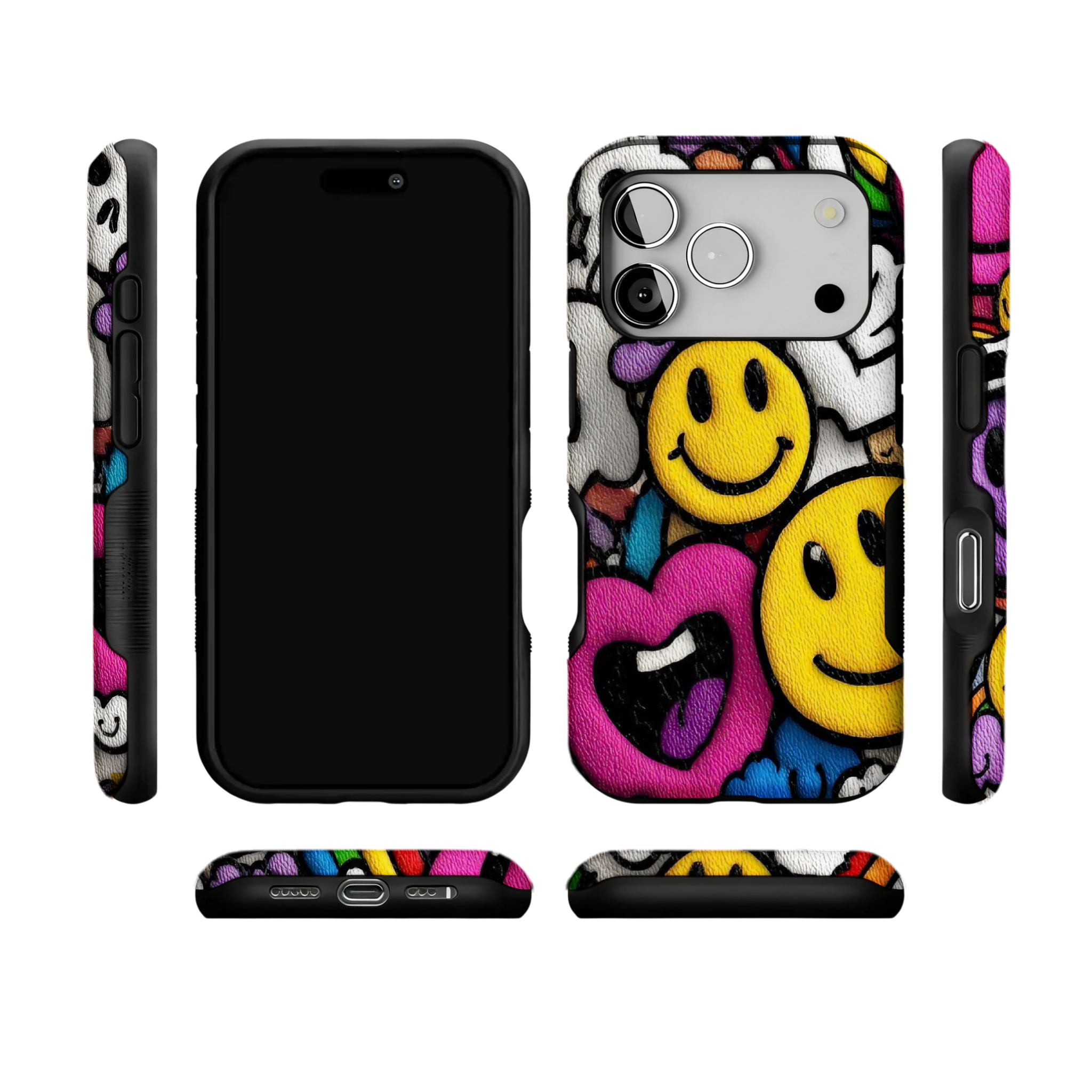 Y2K Smiley Graffiti Phone Case, Dopamine Cover for iPhone