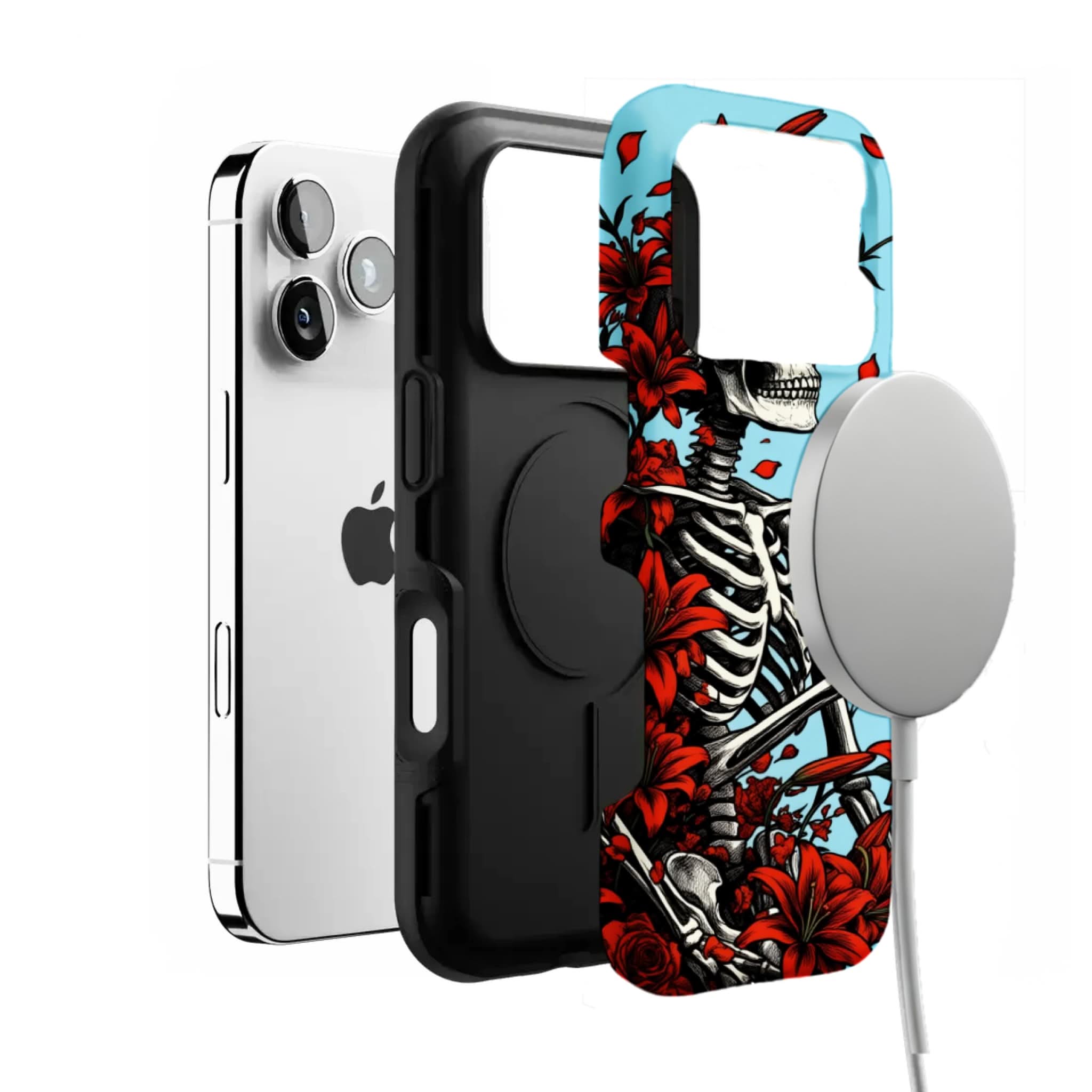 Red Lily Skeleton Phone Case Gothic Floral Skull Cover for iPhone