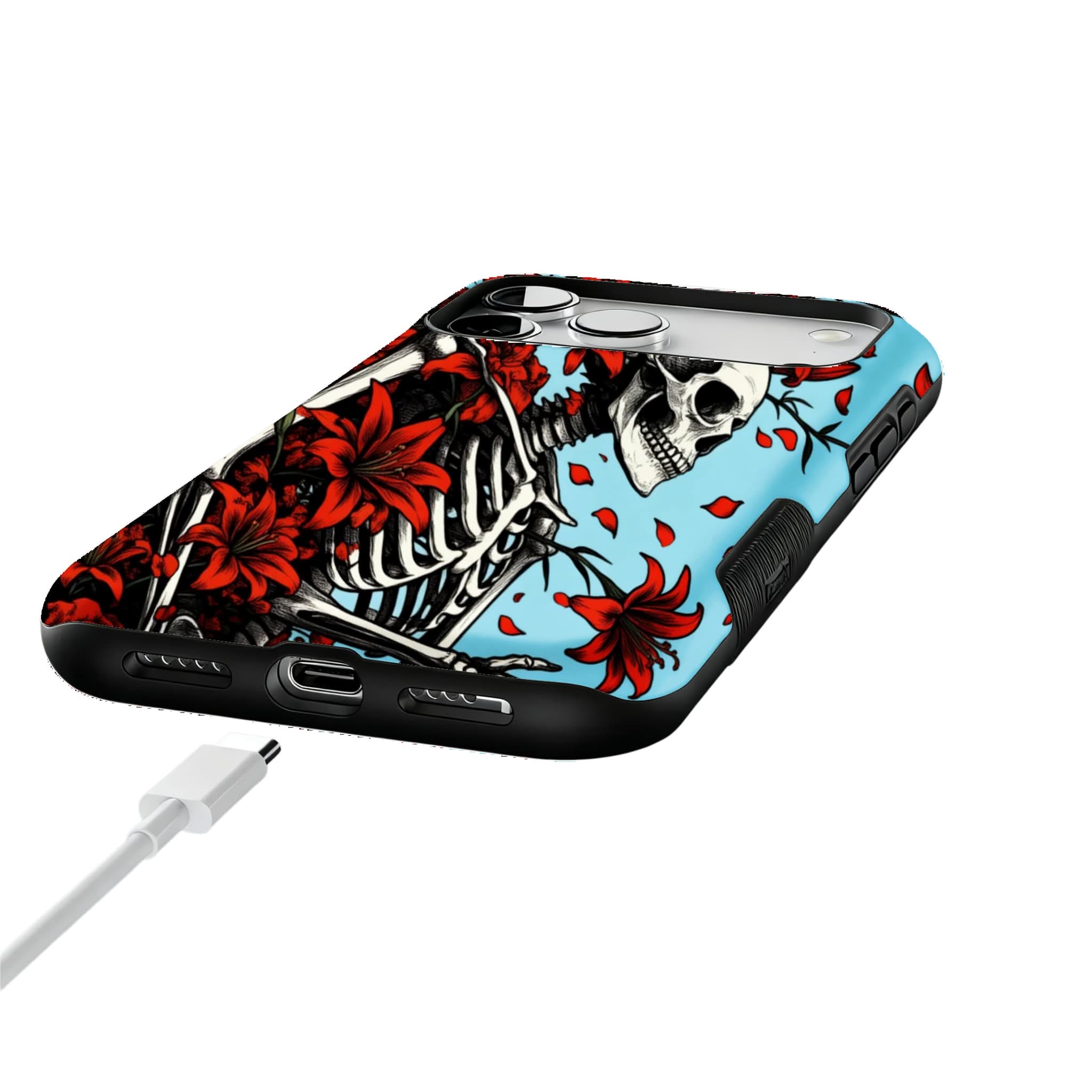 Red Lily Skeleton Phone Case Gothic Floral Skull Cover for iPhone