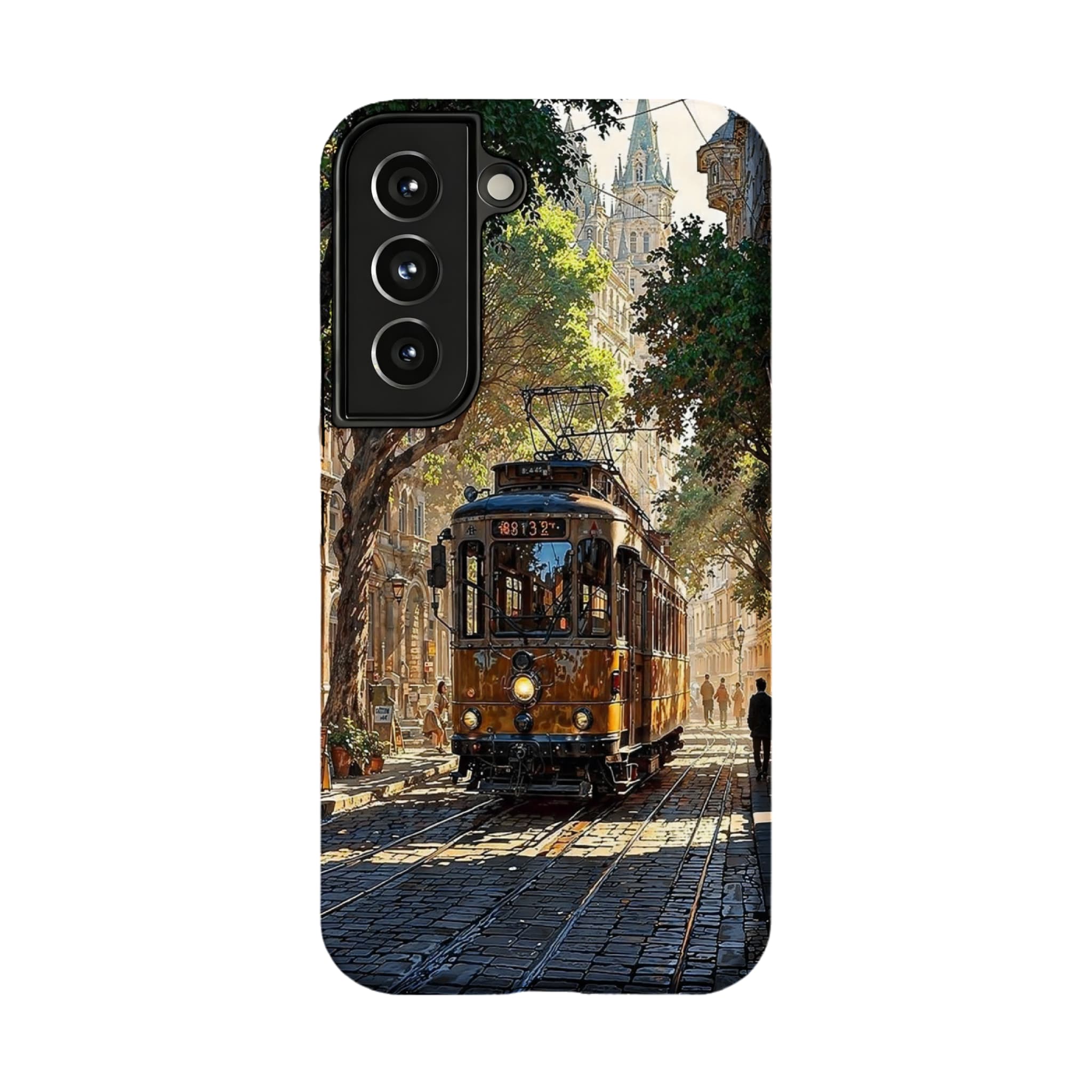 Old Town Tram Phone Case | Retro Cityscape Art Cover for Travel Lovers