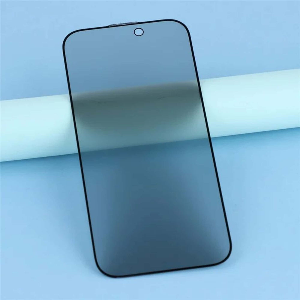 Angled view of silk print privacy tempered glass screen protector