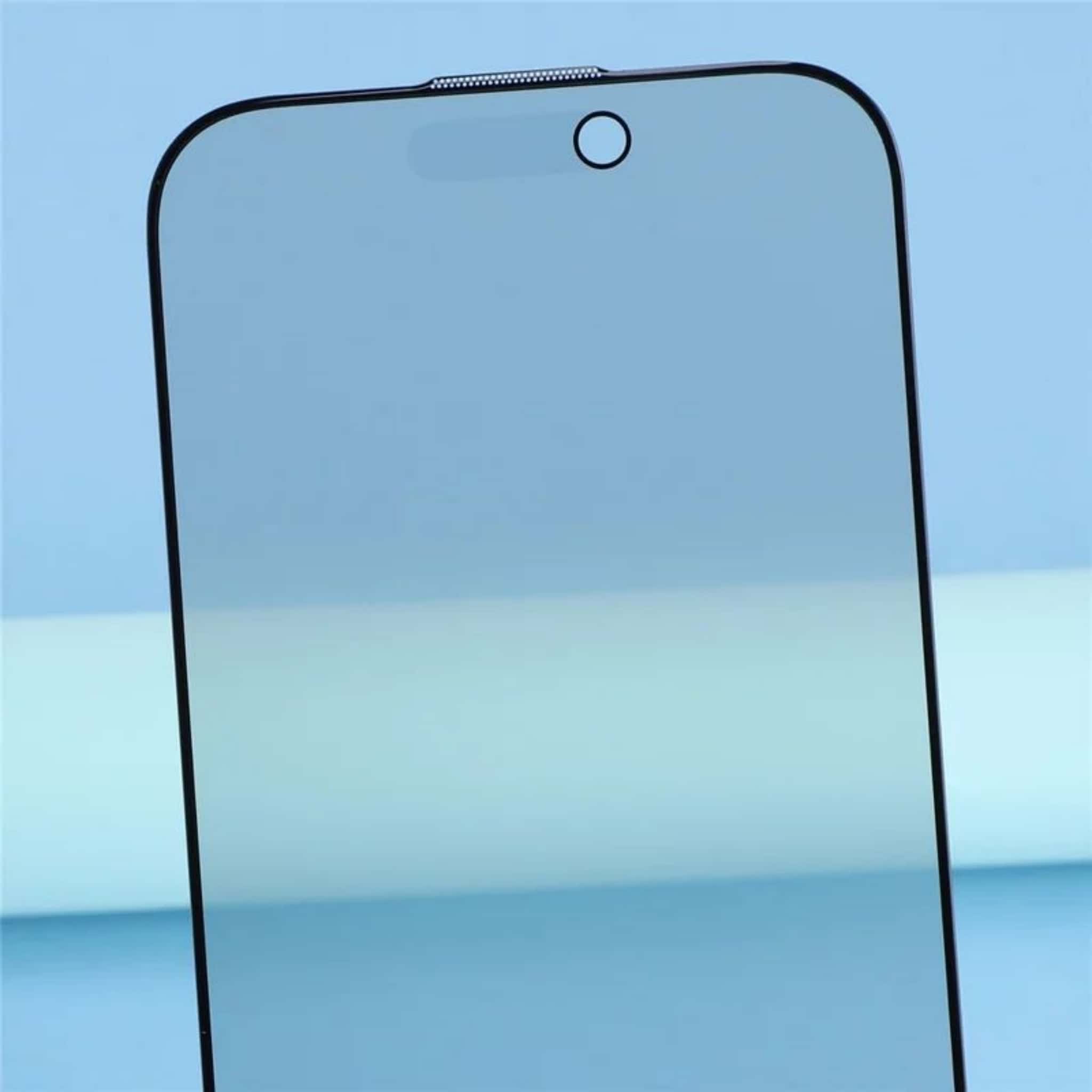 Close-up of black border and camera cutout on privacy tempered glass