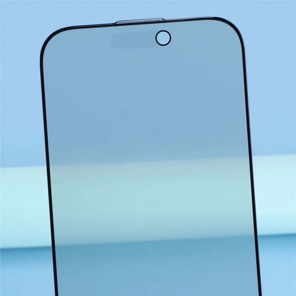 Close-up of black border and camera cutout on privacy tempered glass
